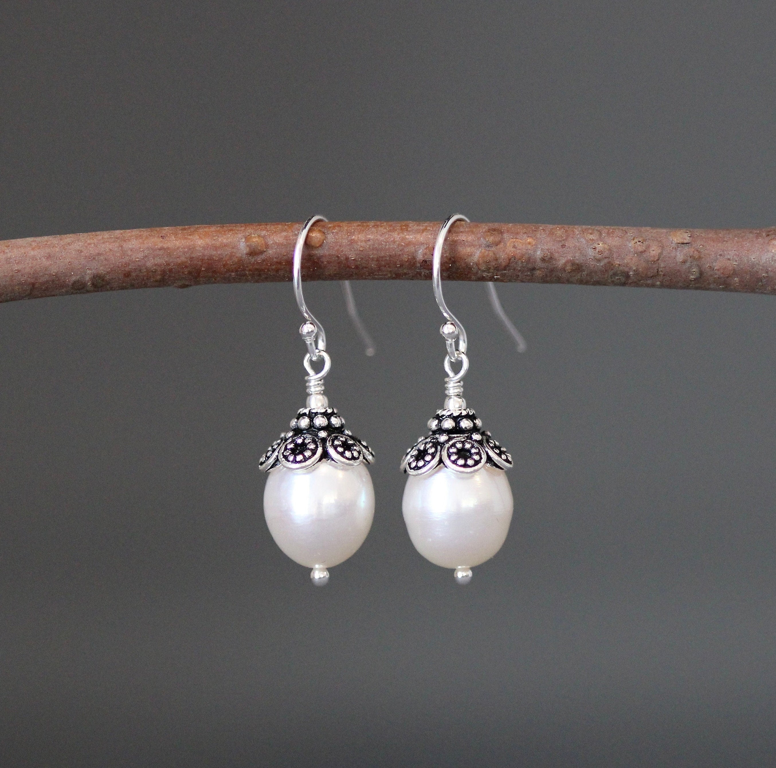 White Oval Freshwater Pearl Dangle Earrings with Bali Sterling Silver Caps