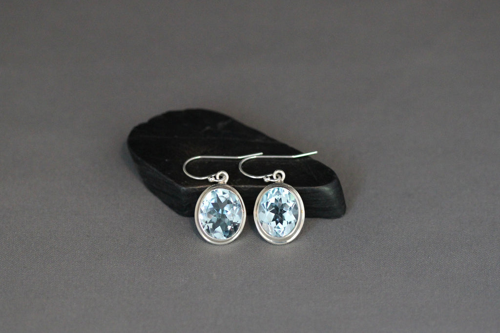 Blue Topaz Oval Earrings in Open-Back Bali Sterling Silver Bezels
