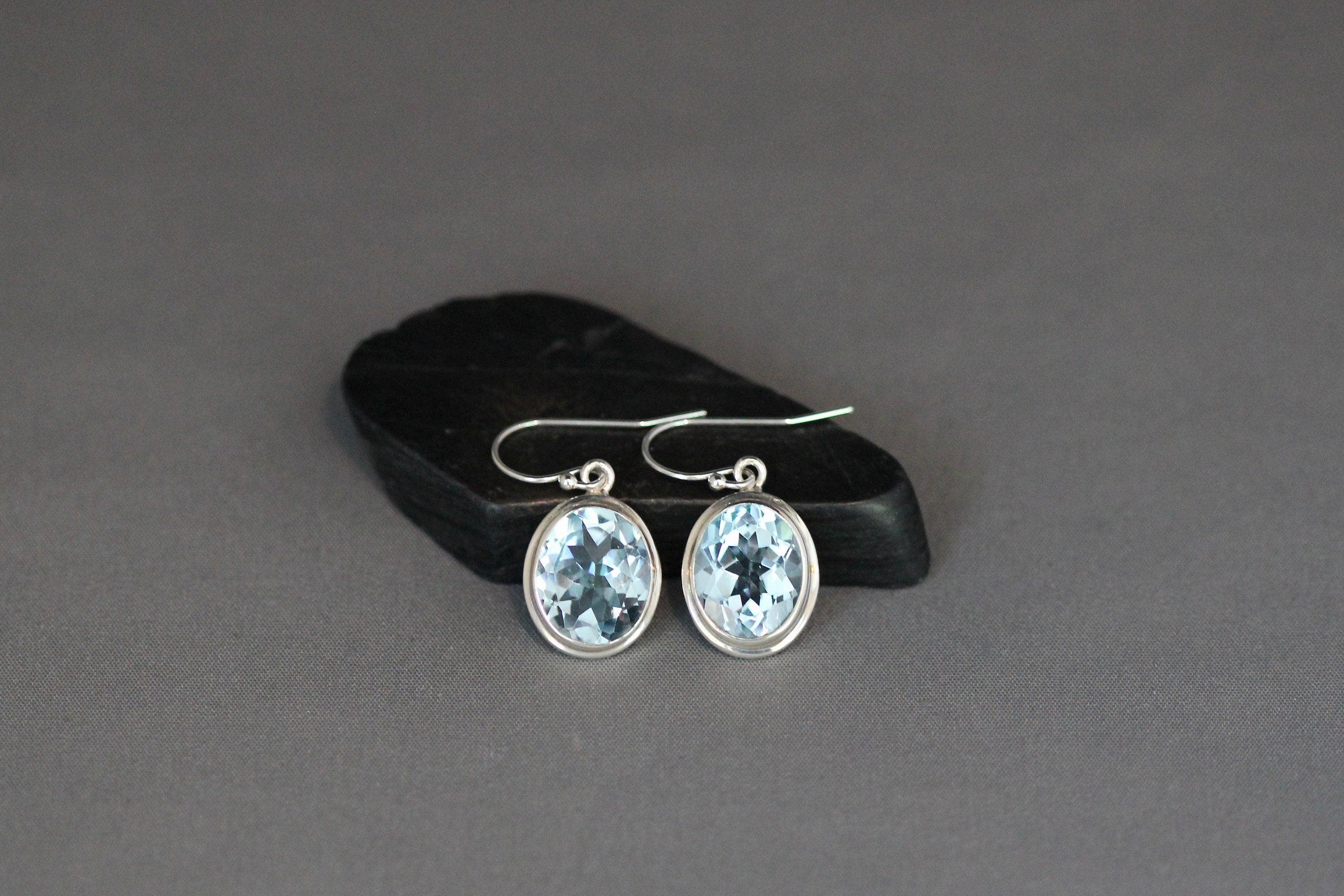 Blue Topaz Oval Earrings in Open-Back Bali Sterling Silver Bezels