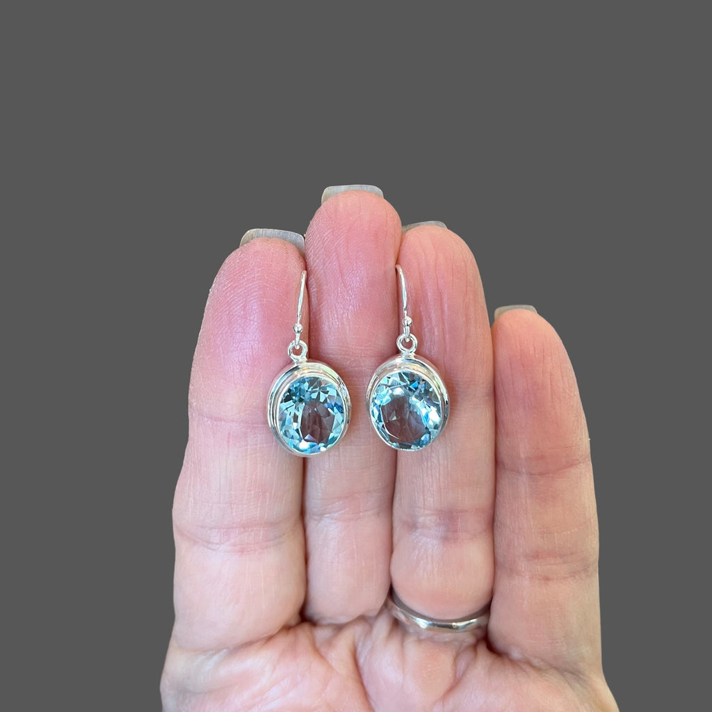 Blue Topaz Oval Earrings in Open-Back Bali Sterling Silver Bezels