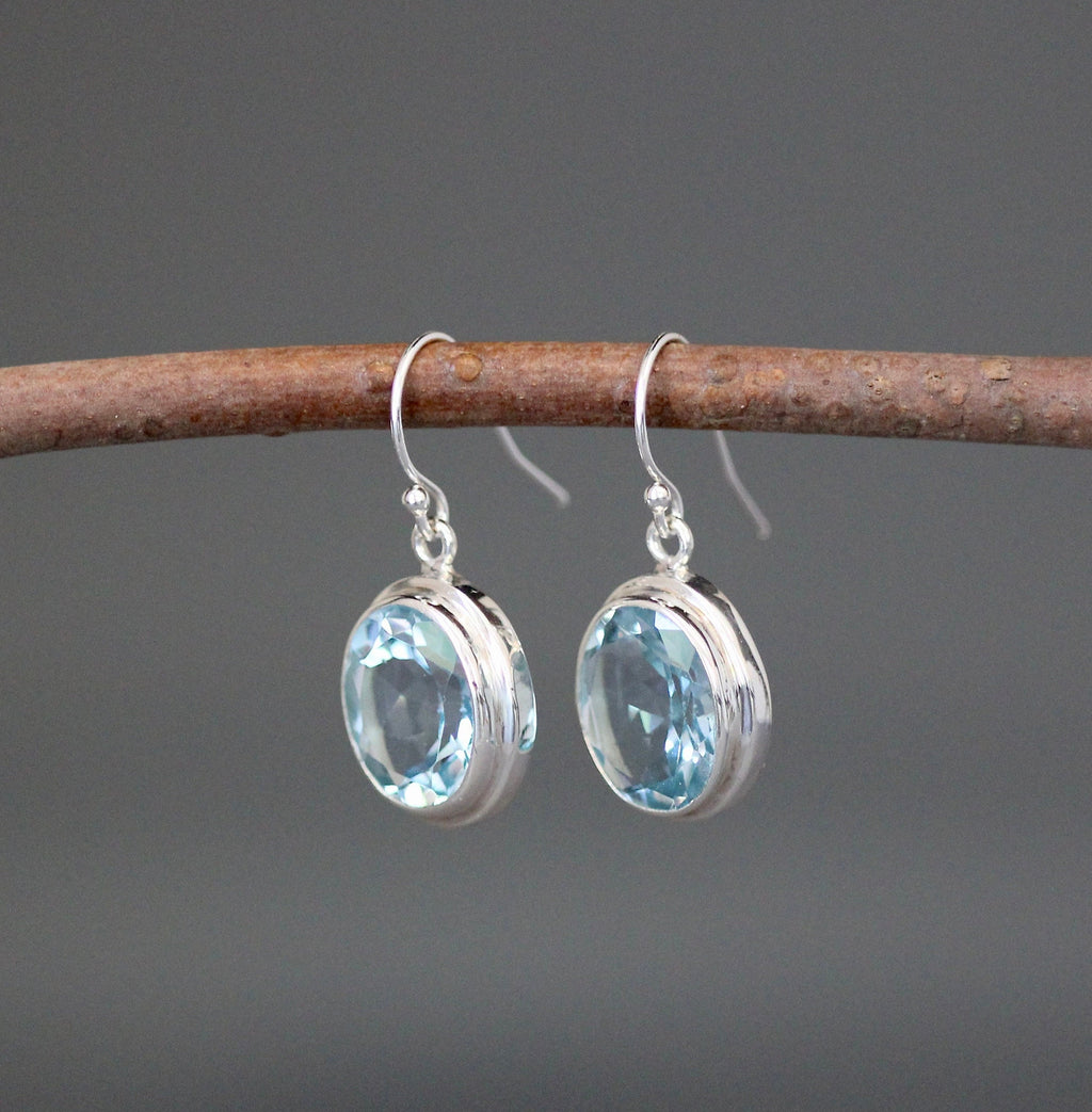 Blue Topaz Oval Earrings in Open-Back Bali Sterling Silver Bezels
