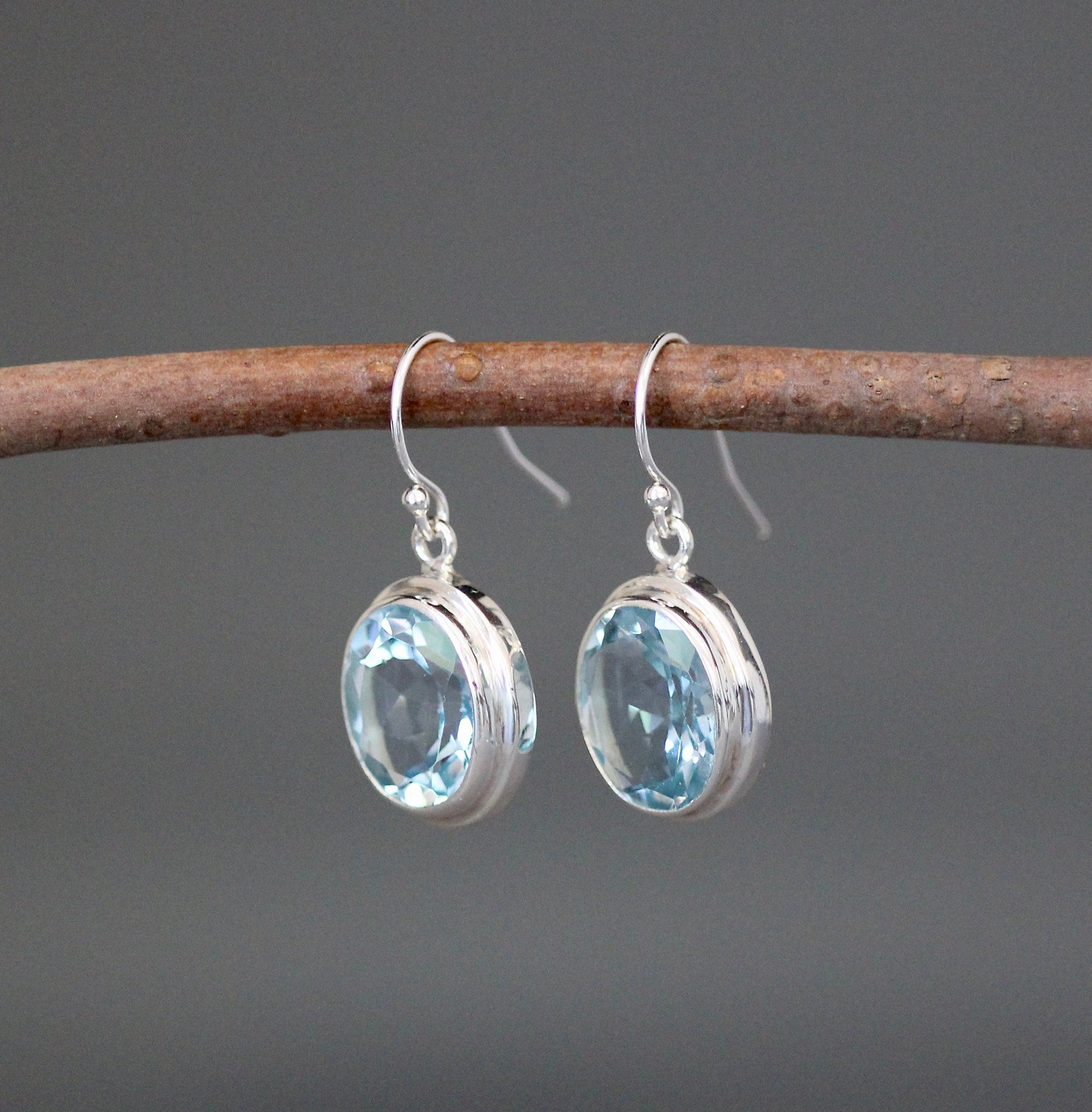 Blue Topaz Oval Earrings in Open-Back Bali Sterling Silver Bezels