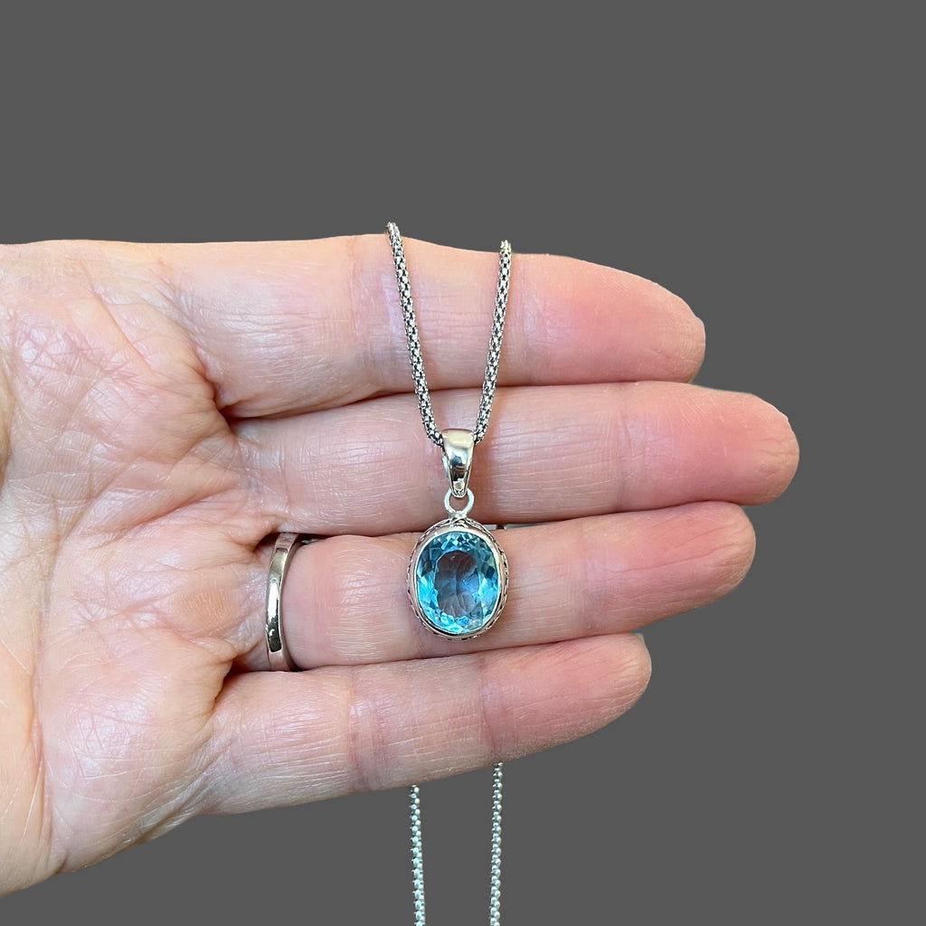 Blue Topaz Oval Stone Bali Sterling Silver Filigree Pendant Necklace