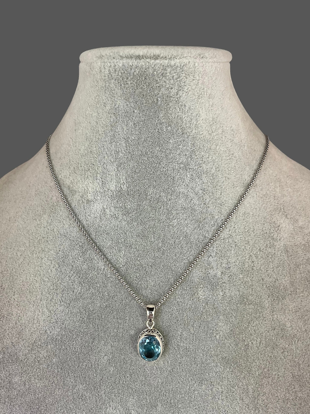 Blue Topaz Oval Stone Bali Sterling Silver Filigree Pendant Necklace
