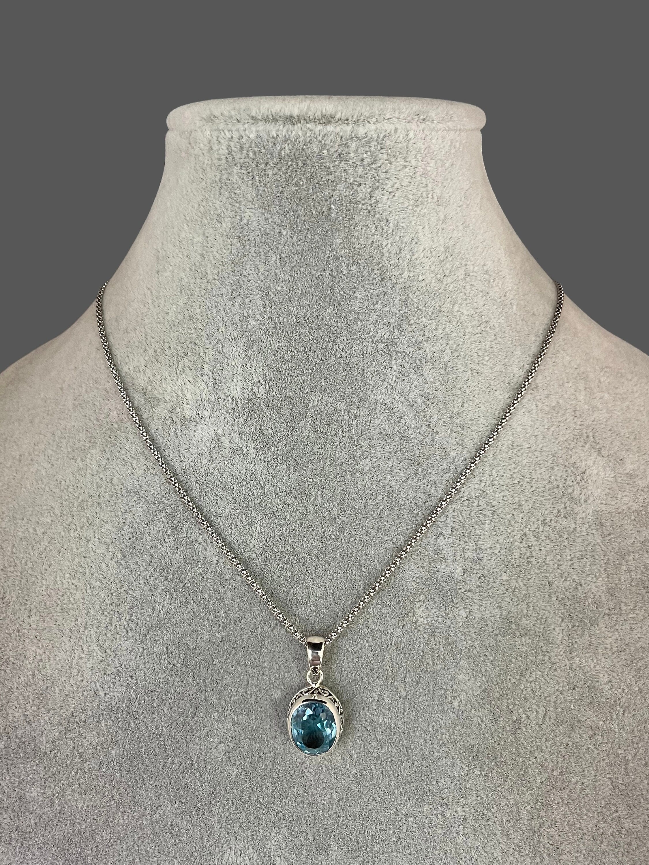 Blue Topaz Oval Stone Bali Sterling Silver Filigree Pendant Necklace