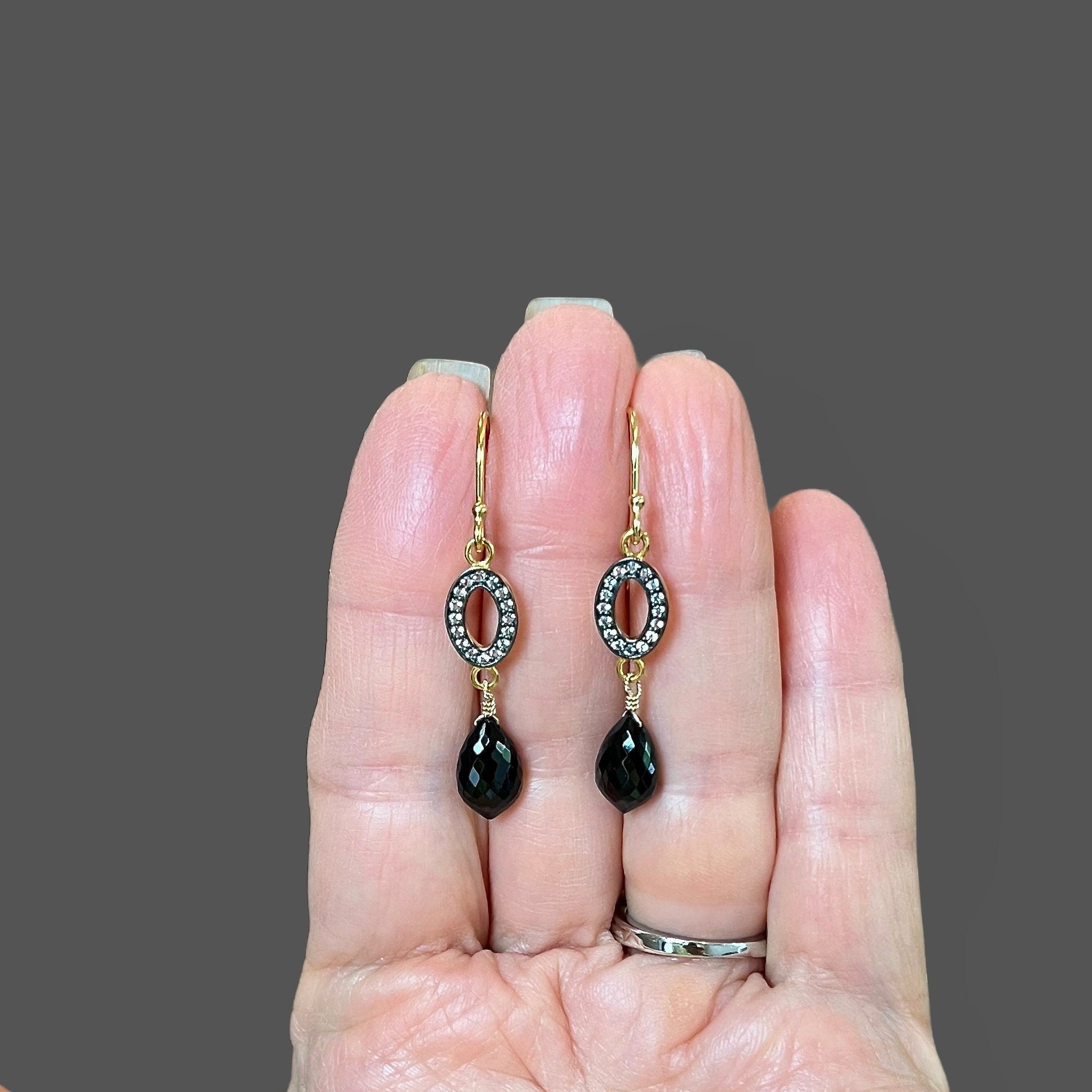 Black Spinel and White Topaz Pave Gold Vermeil Dangle Earrings