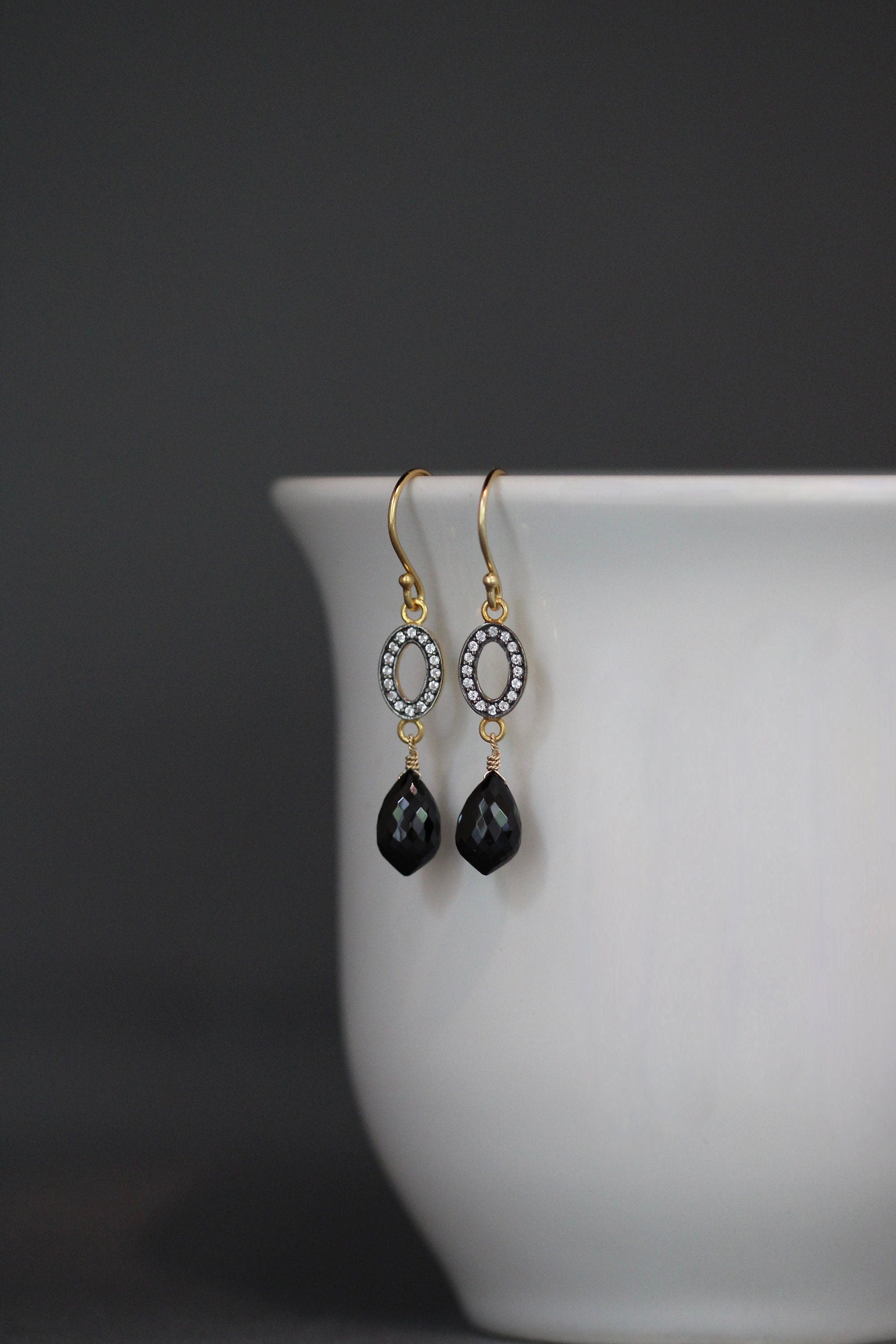 Black Spinel and White Topaz Pave Gold Vermeil Dangle Earrings