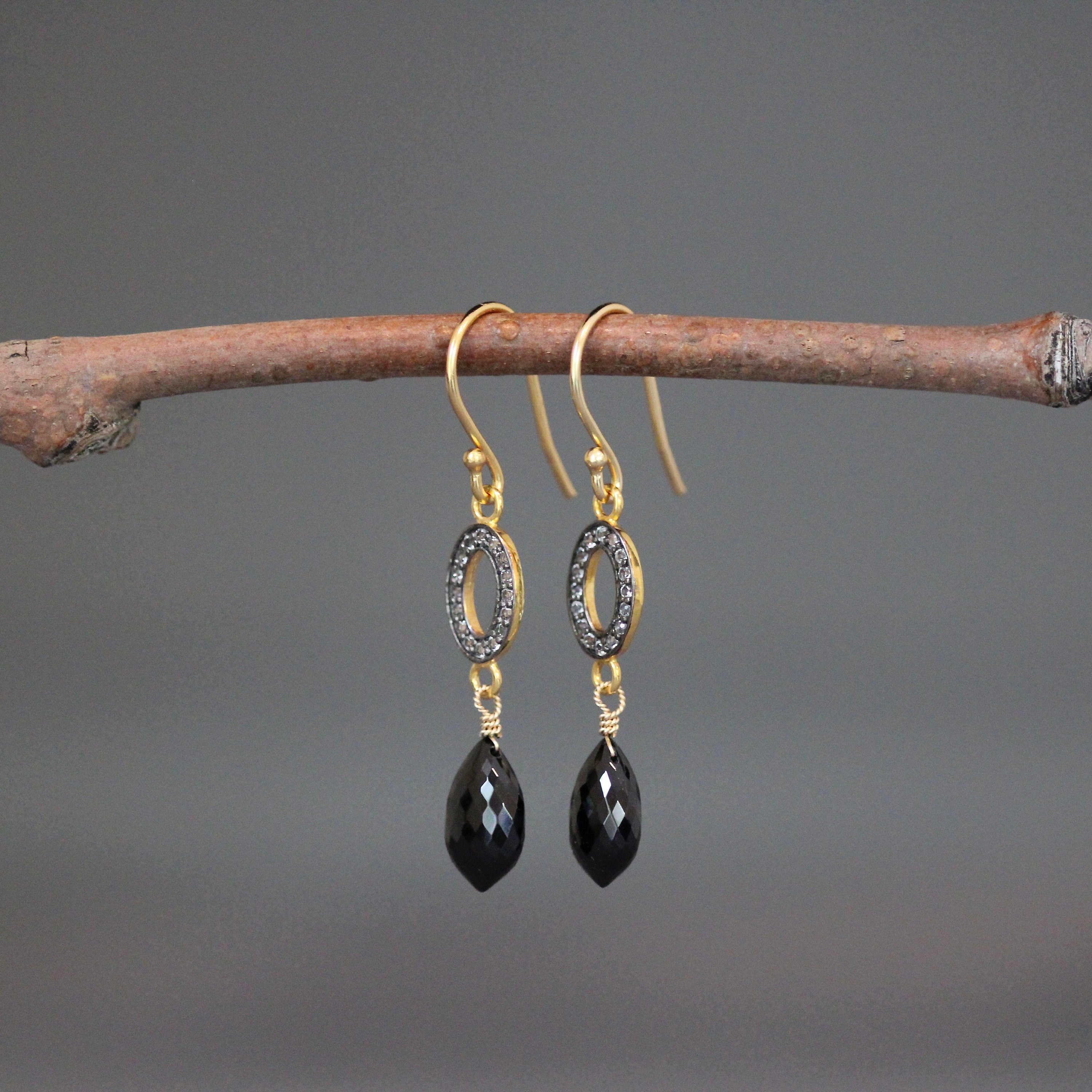 Black Spinel and White Topaz Pave Gold Vermeil Dangle Earrings