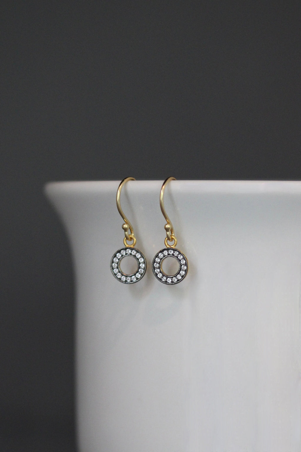 White Topaz Pave Circle Dangle Earrings in Gold Vermeil