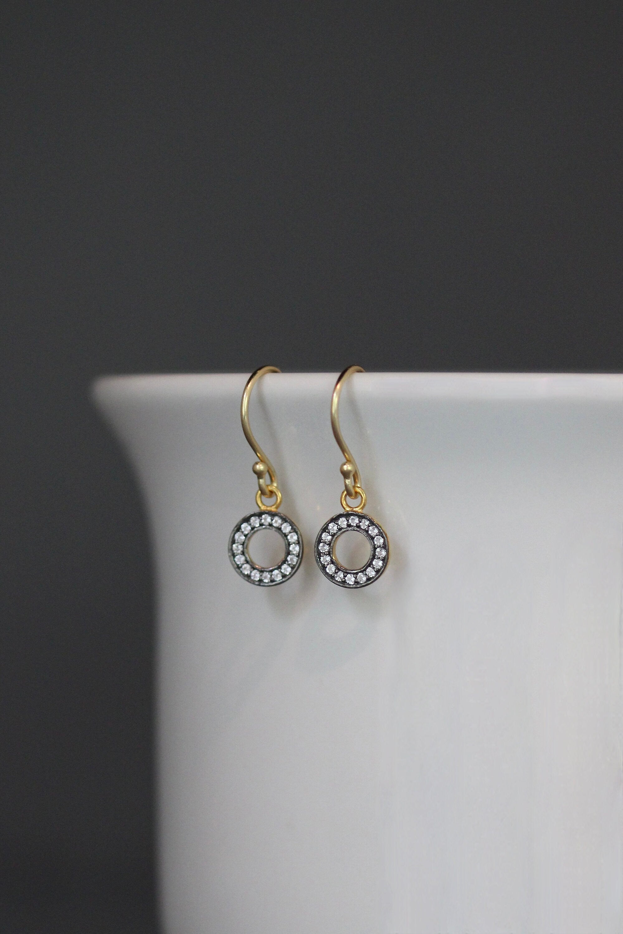 White Topaz Pave Circle Dangle Earrings in Gold Vermeil