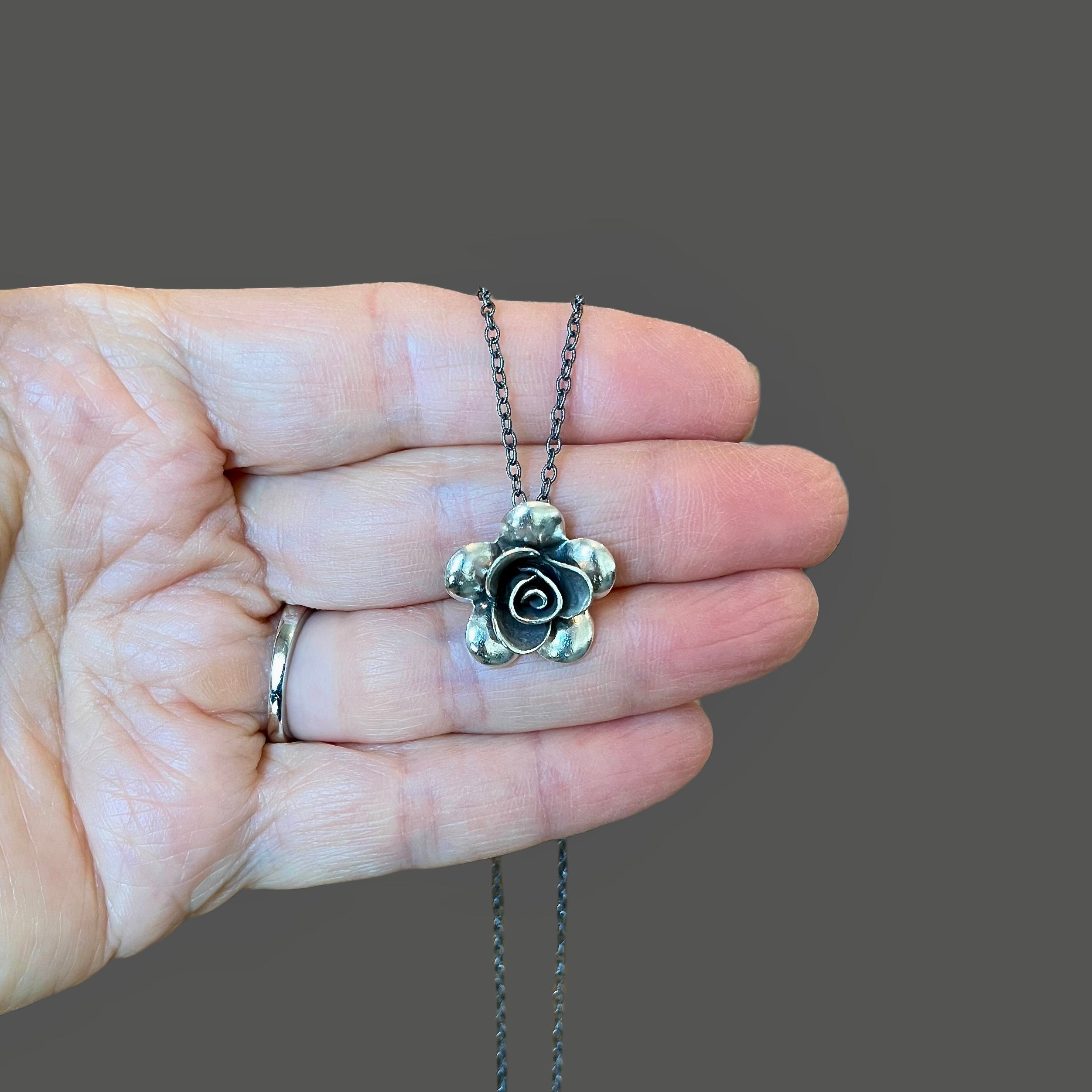 3D Bali Sterling Silver Flower Charm Necklace on Oxidized Silver Chain