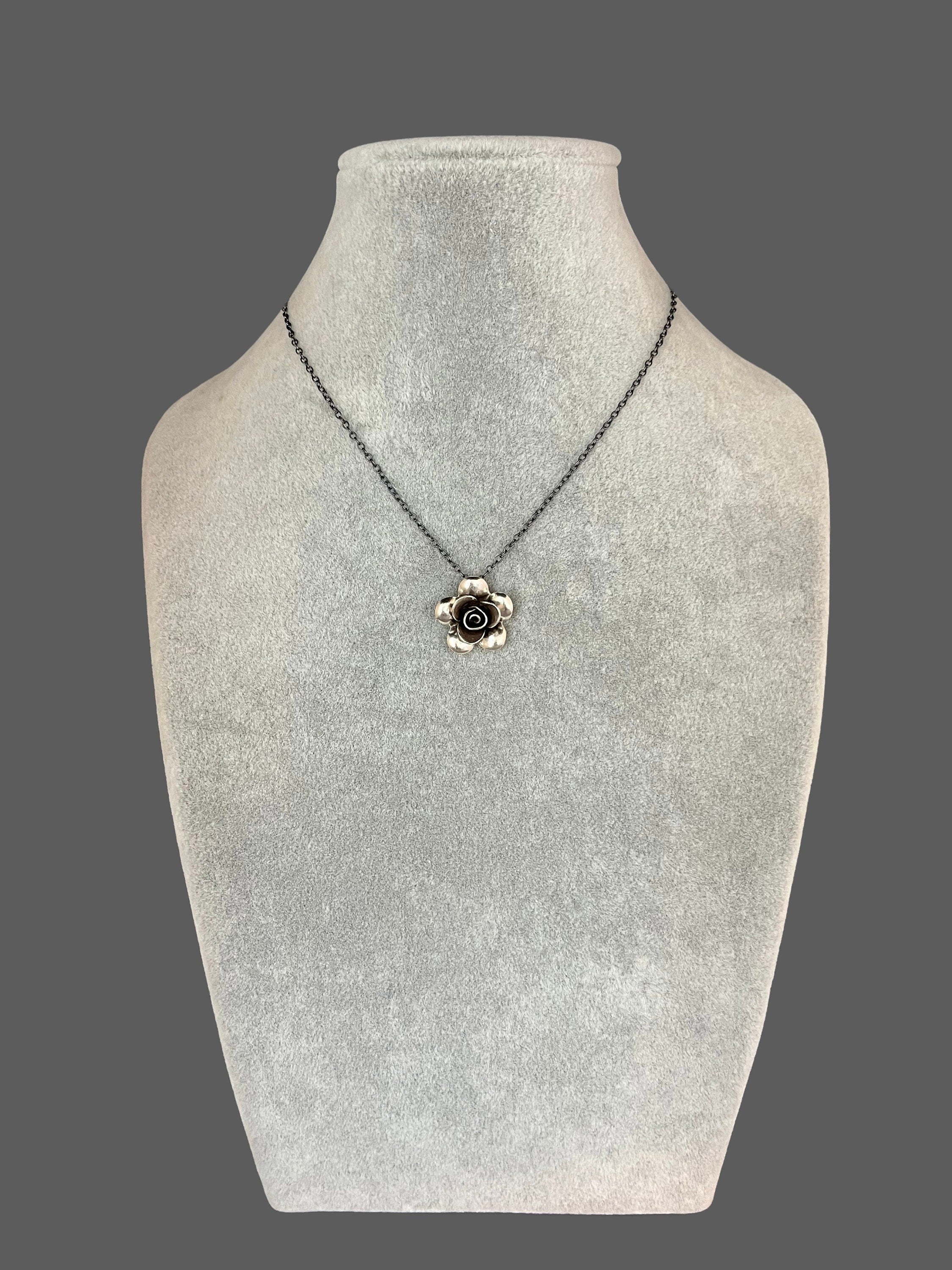 3D Bali Sterling Silver Flower Charm Necklace on Oxidized Silver Chain