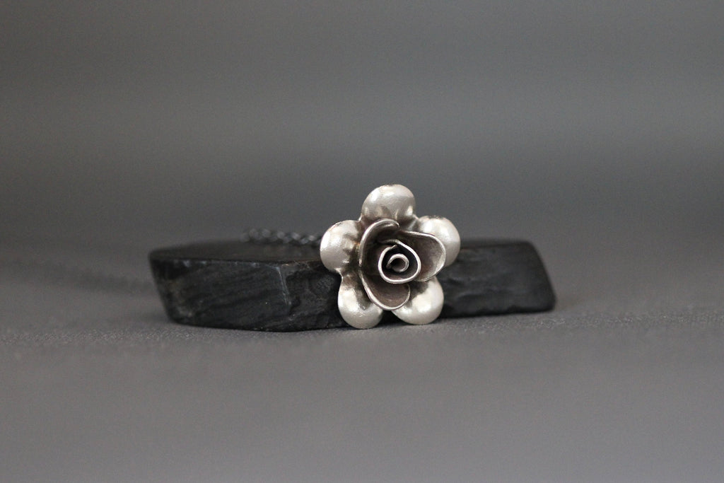 3D Bali Sterling Silver Flower Charm Necklace on Oxidized Silver Chain
