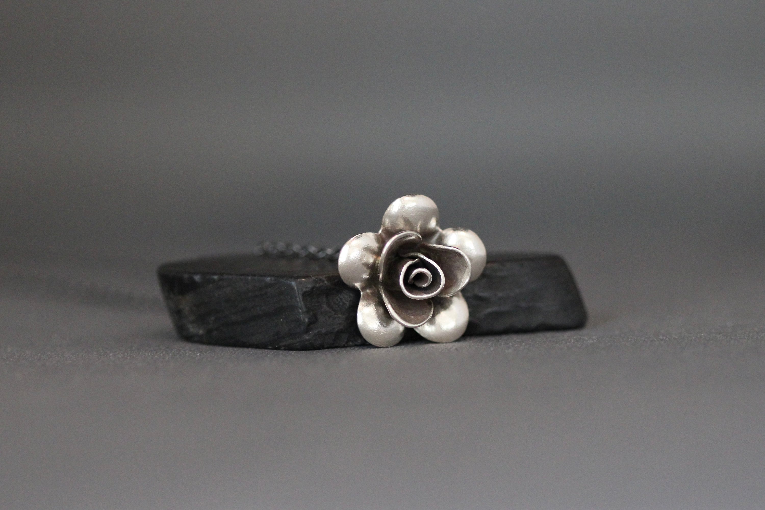 3D Bali Sterling Silver Flower Charm Necklace on Oxidized Silver Chain