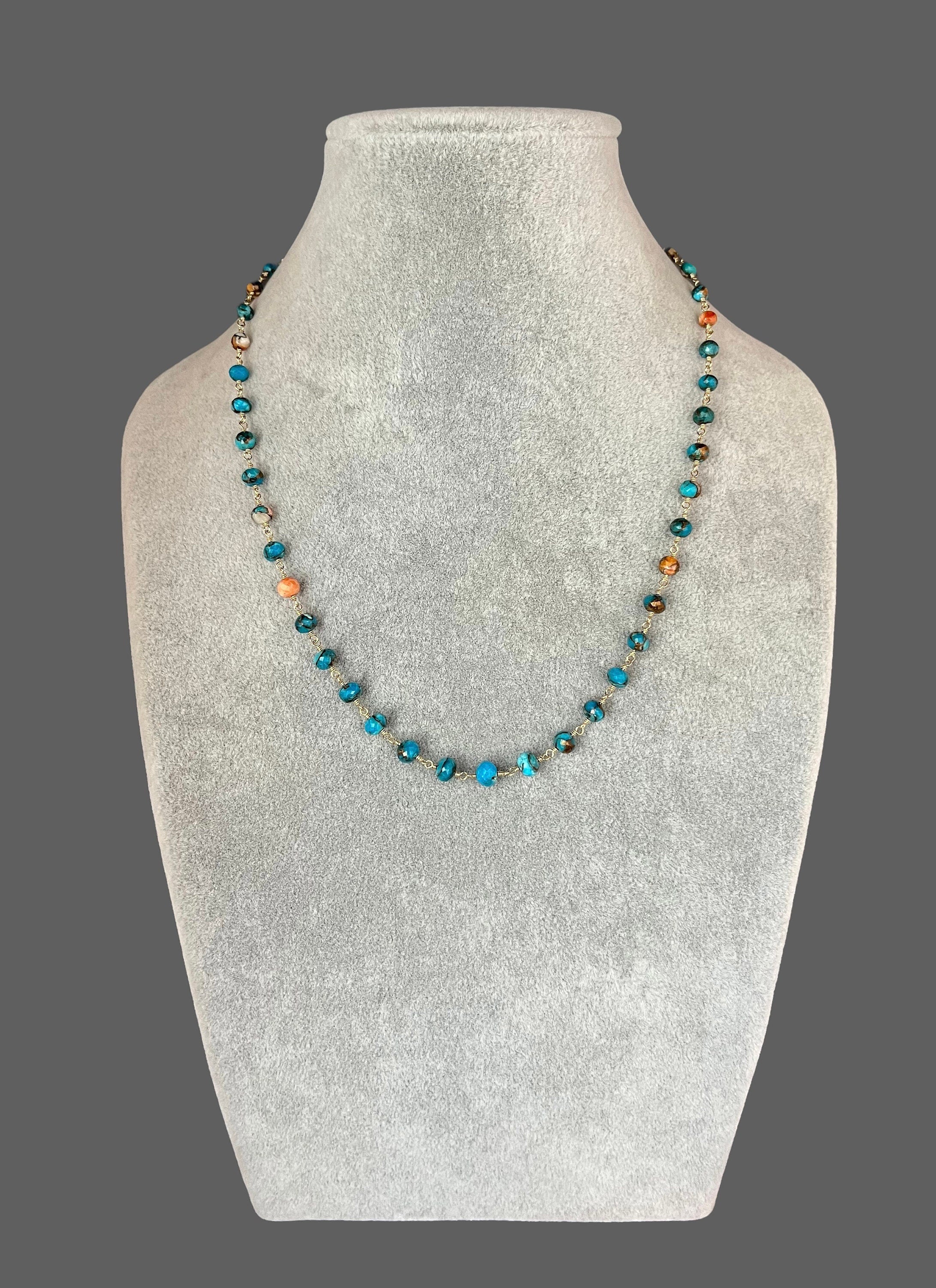 Spiny Oyster Kingman Turquoise Graduated Bead Necklace with Gold Filled Chain