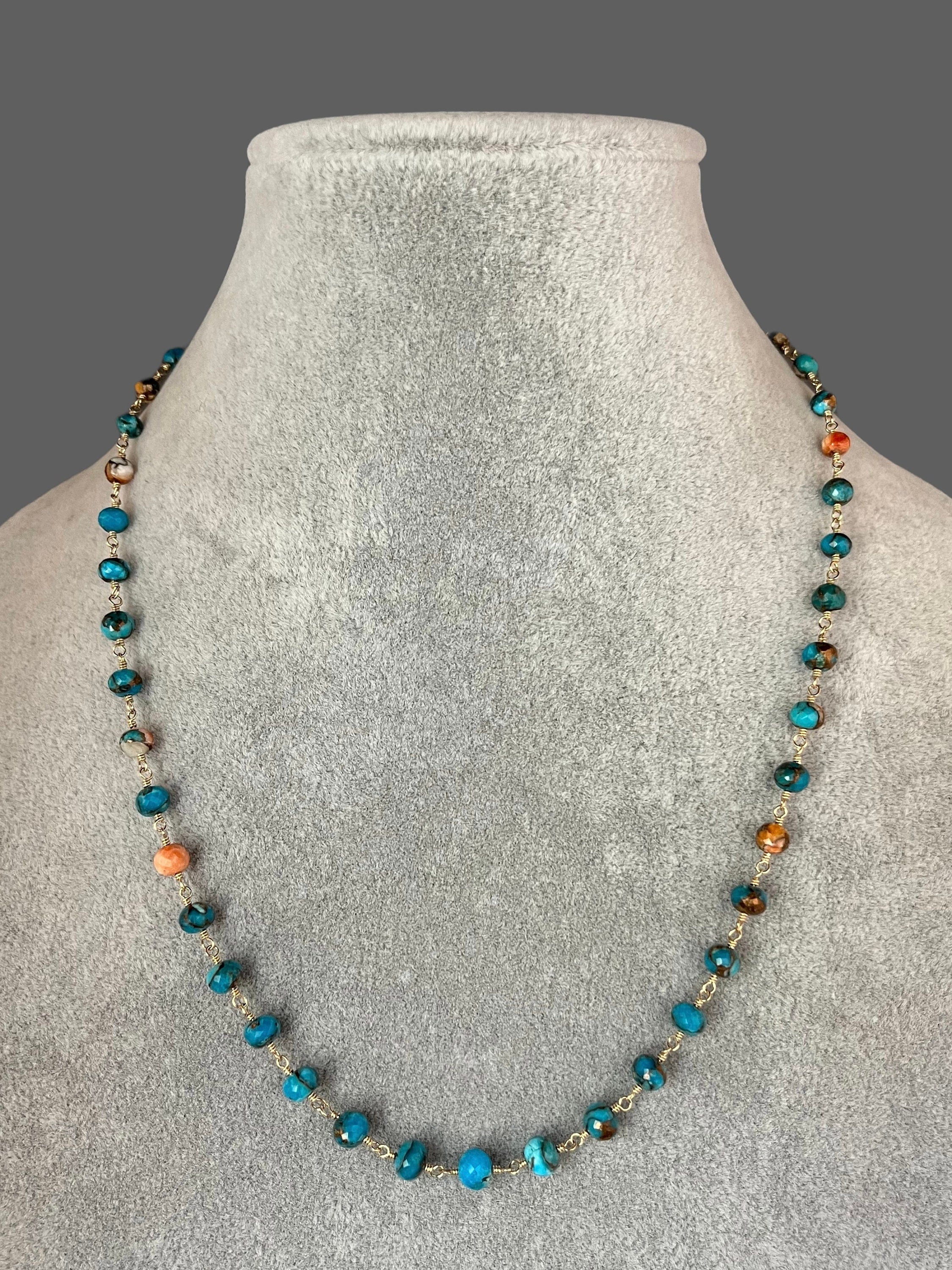 Spiny Oyster Kingman Turquoise Graduated Bead Necklace with Gold Filled Chain
