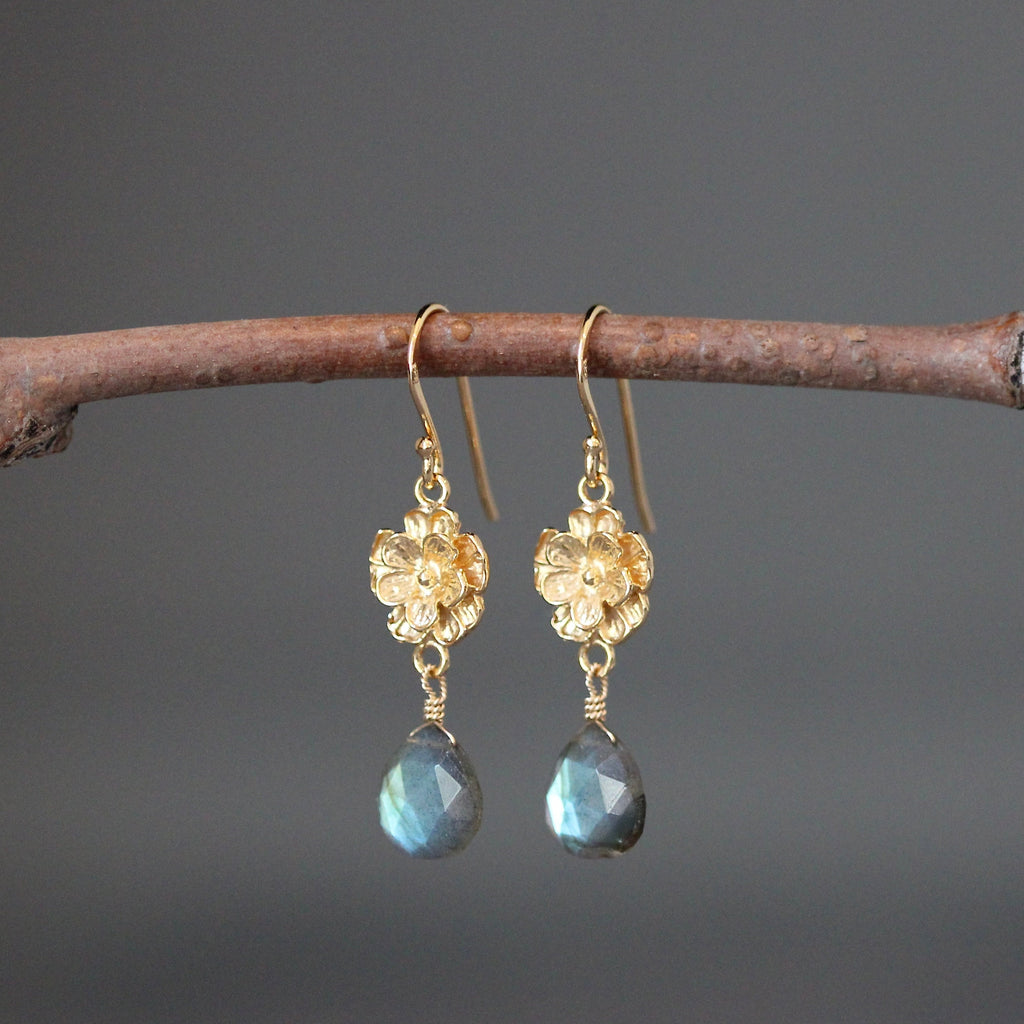 Green Flash Labradorite Teardrop Earrings on Gold Vermeil Flower Links