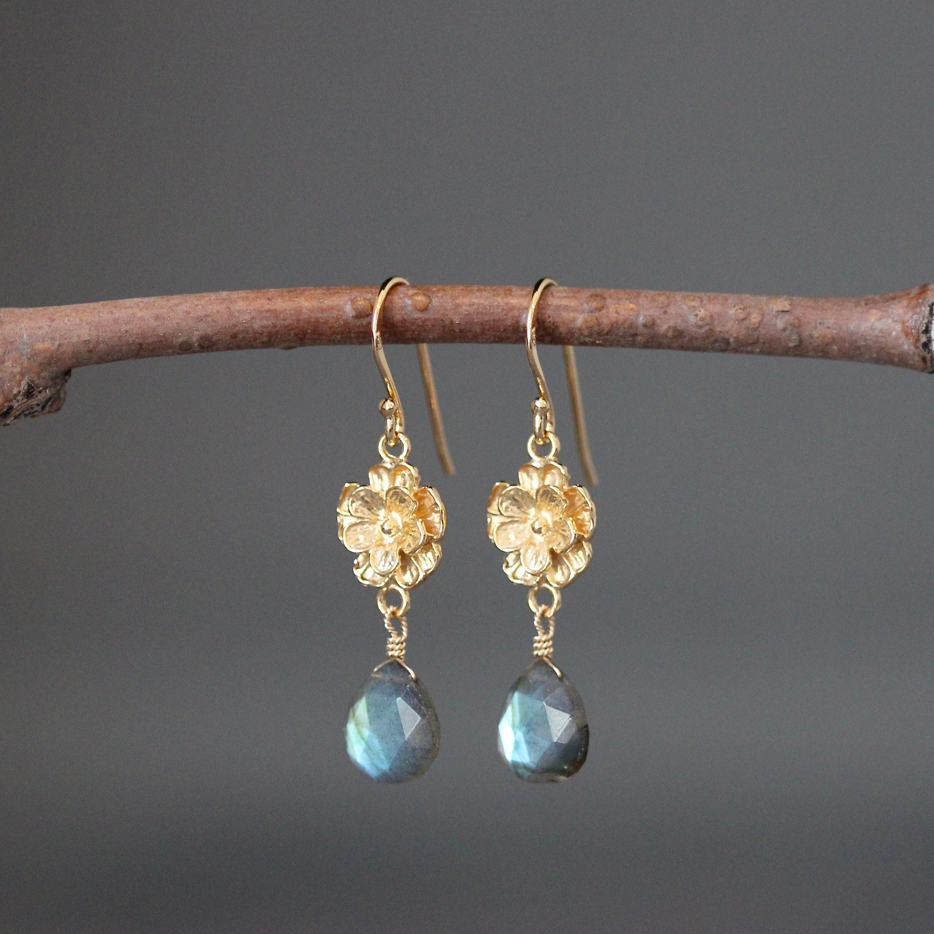 Green Flash Labradorite Teardrop Earrings on Gold Vermeil Flower Links