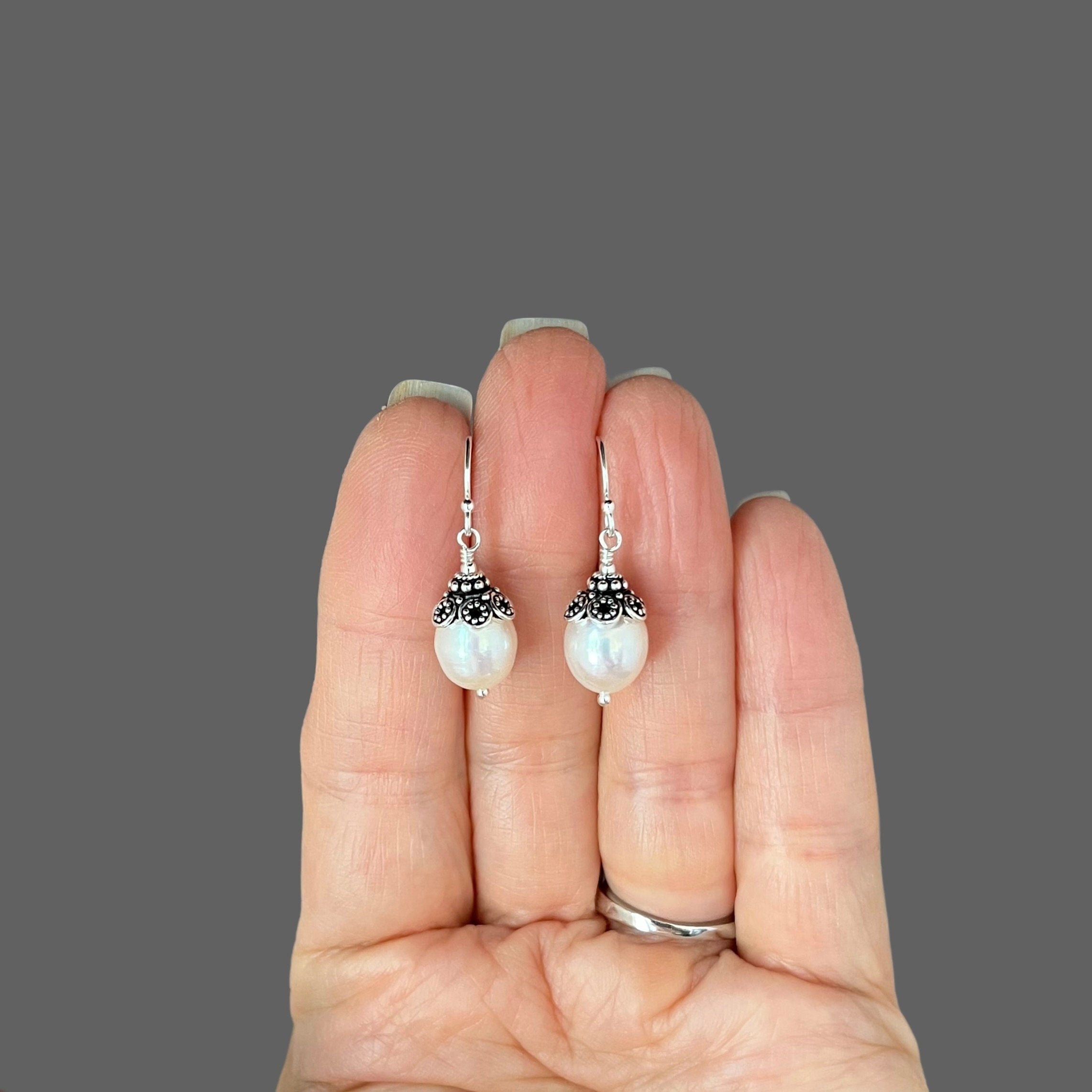 White Oval Freshwater Pearl Dangle Earrings with Bali Sterling Silver Caps