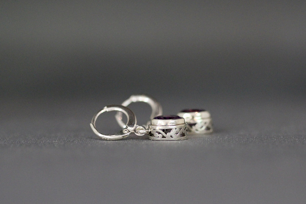 Amethyst Dangle Earrings with Sterling Silver Filigree Huggie Hoops