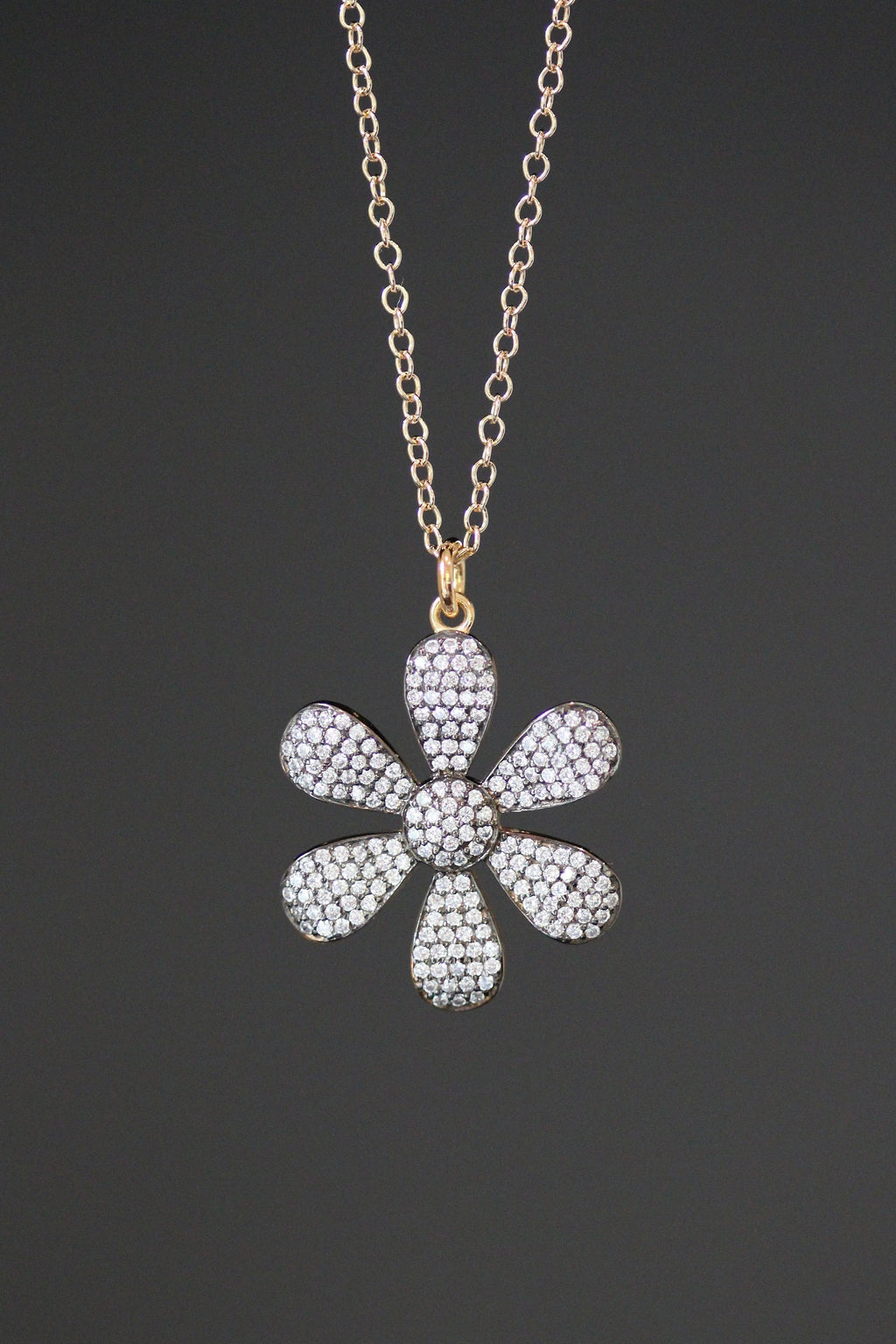 White Topaz Pave Flower Pendant Necklace in Gold Vermeil