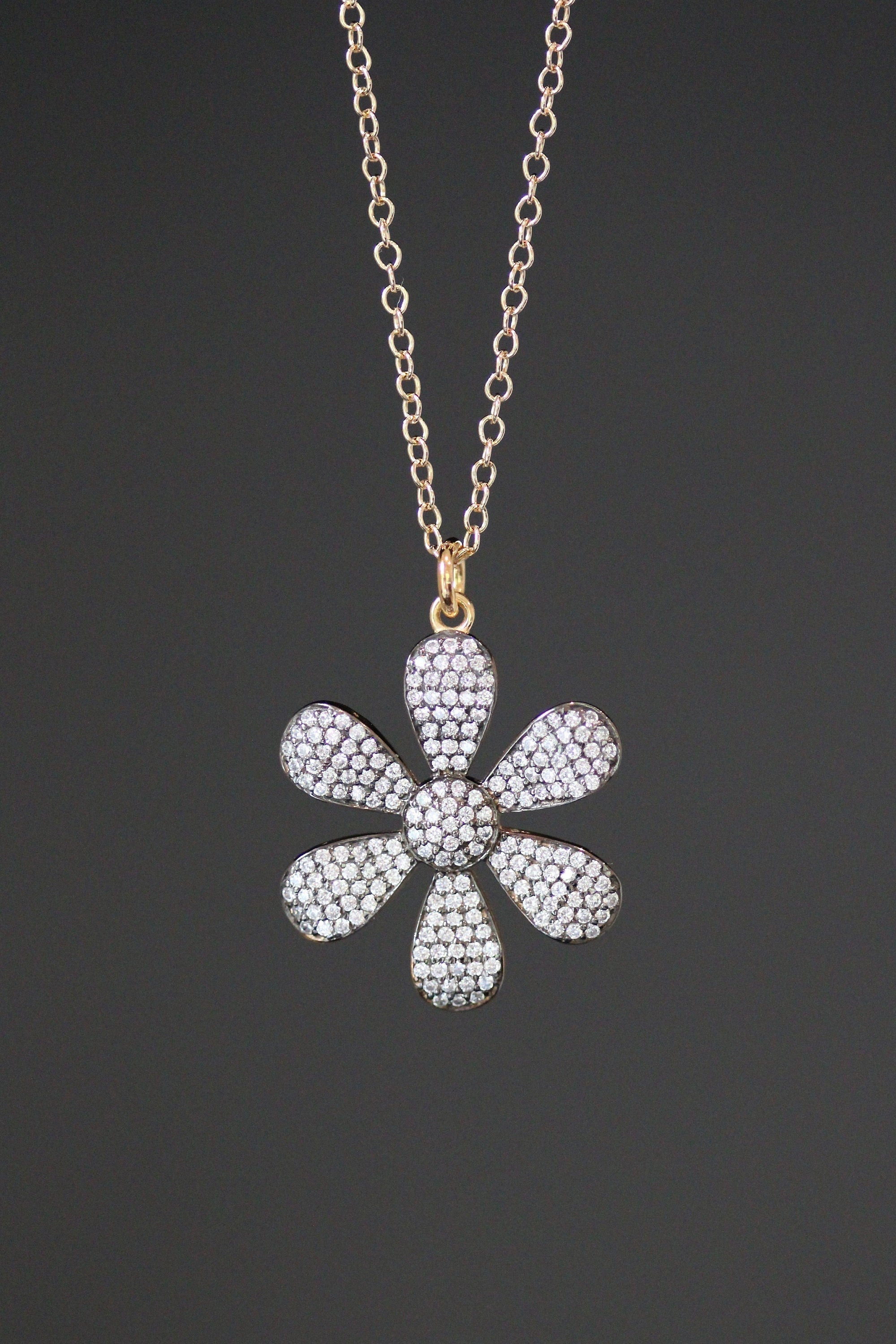 White Topaz Pave Flower Pendant Necklace in Gold Vermeil