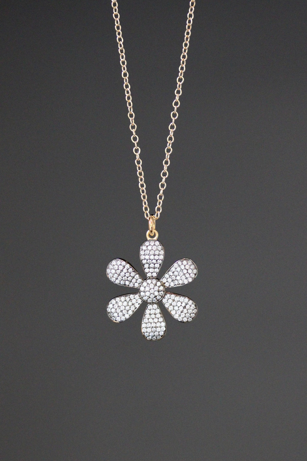 White Topaz Pave Flower Pendant Necklace in Gold Vermeil