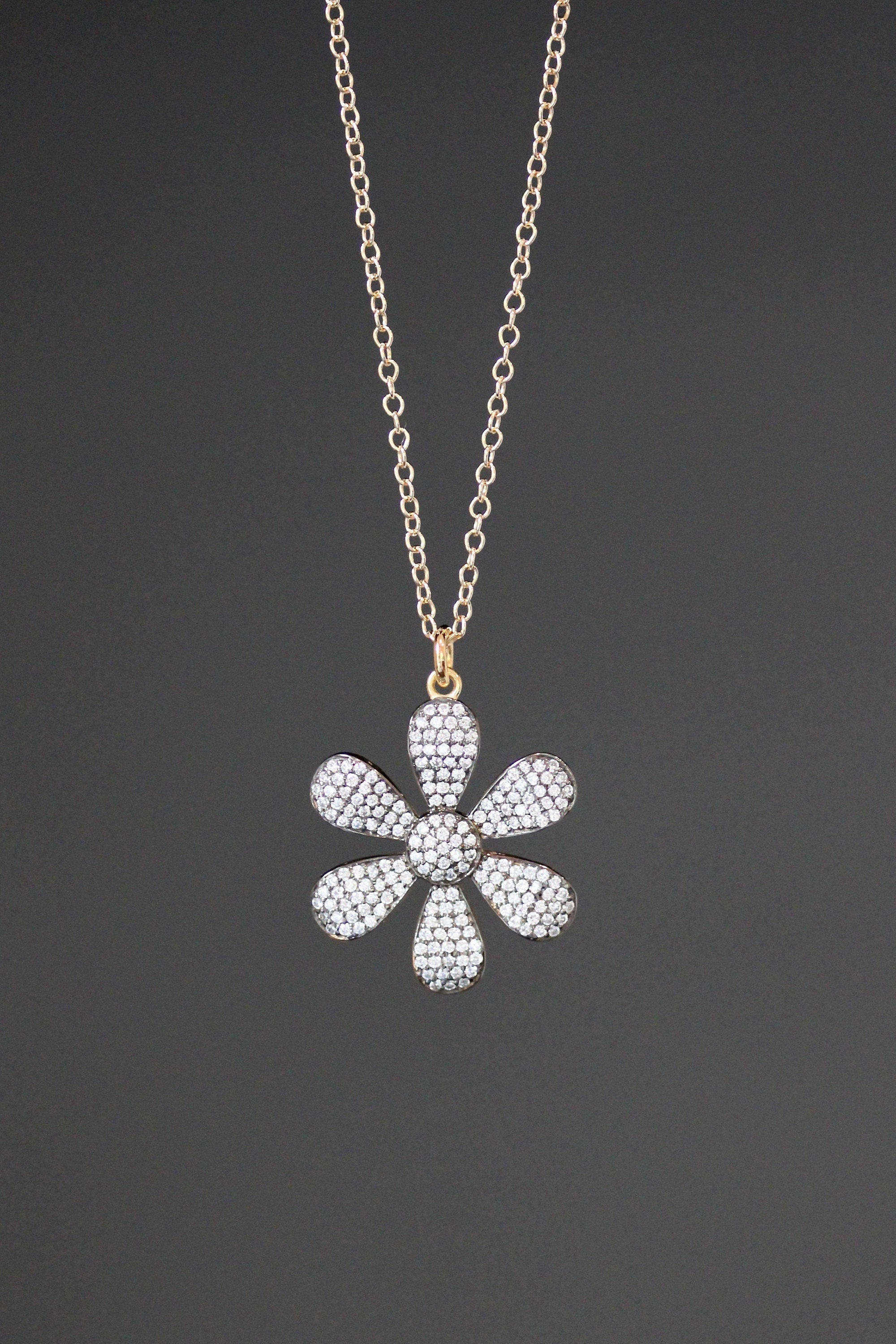White Topaz Pave Flower Pendant Necklace in Gold Vermeil