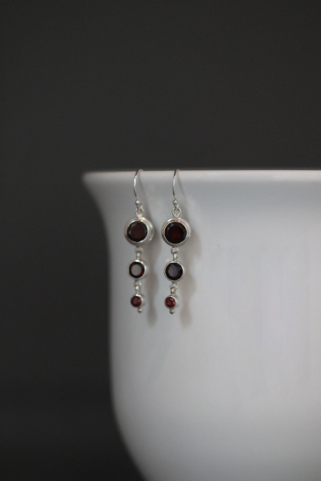 Garnet Three-Stone Graduated Bezel Earrings in Sterling Silver