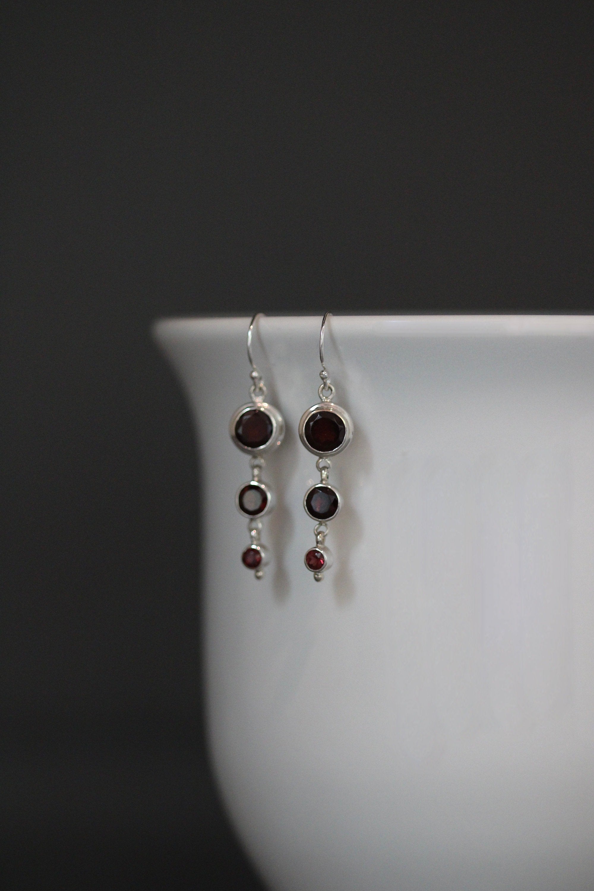 Garnet Three-Stone Graduated Bezel Earrings in Sterling Silver