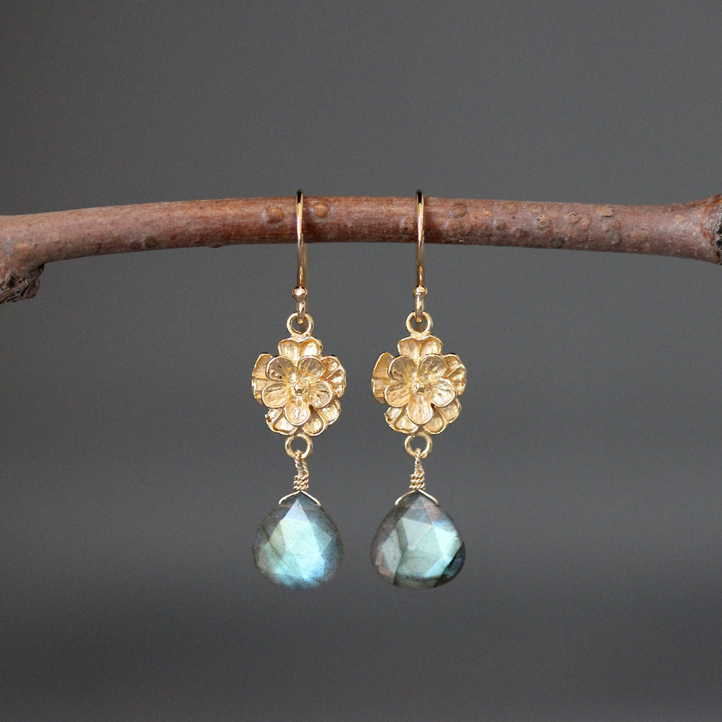 Green Flash Labradorite Teardrop Earrings on Gold Vermeil Flower Links