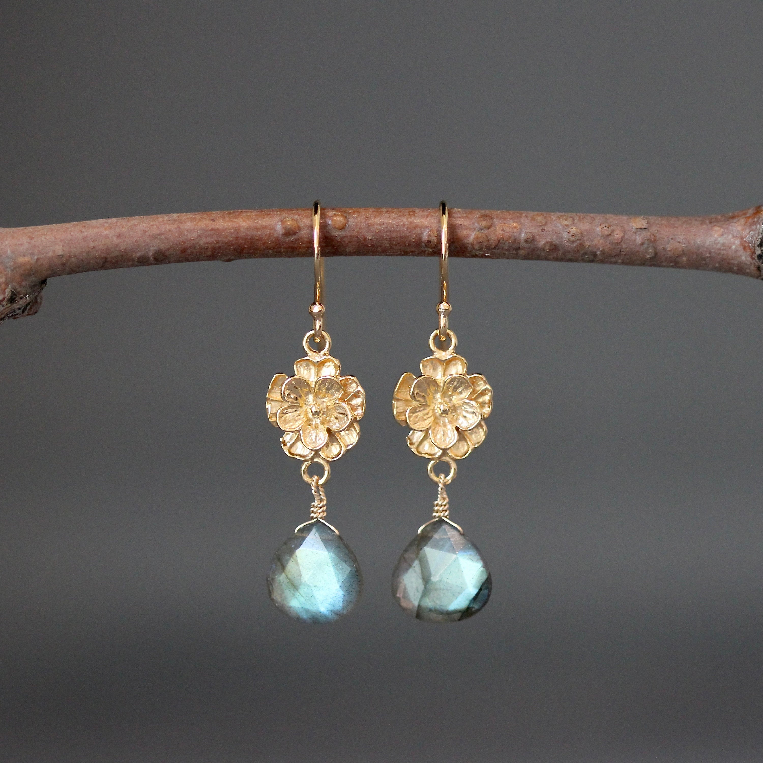 Green Flash Labradorite Teardrop Earrings on Gold Vermeil Flower Links