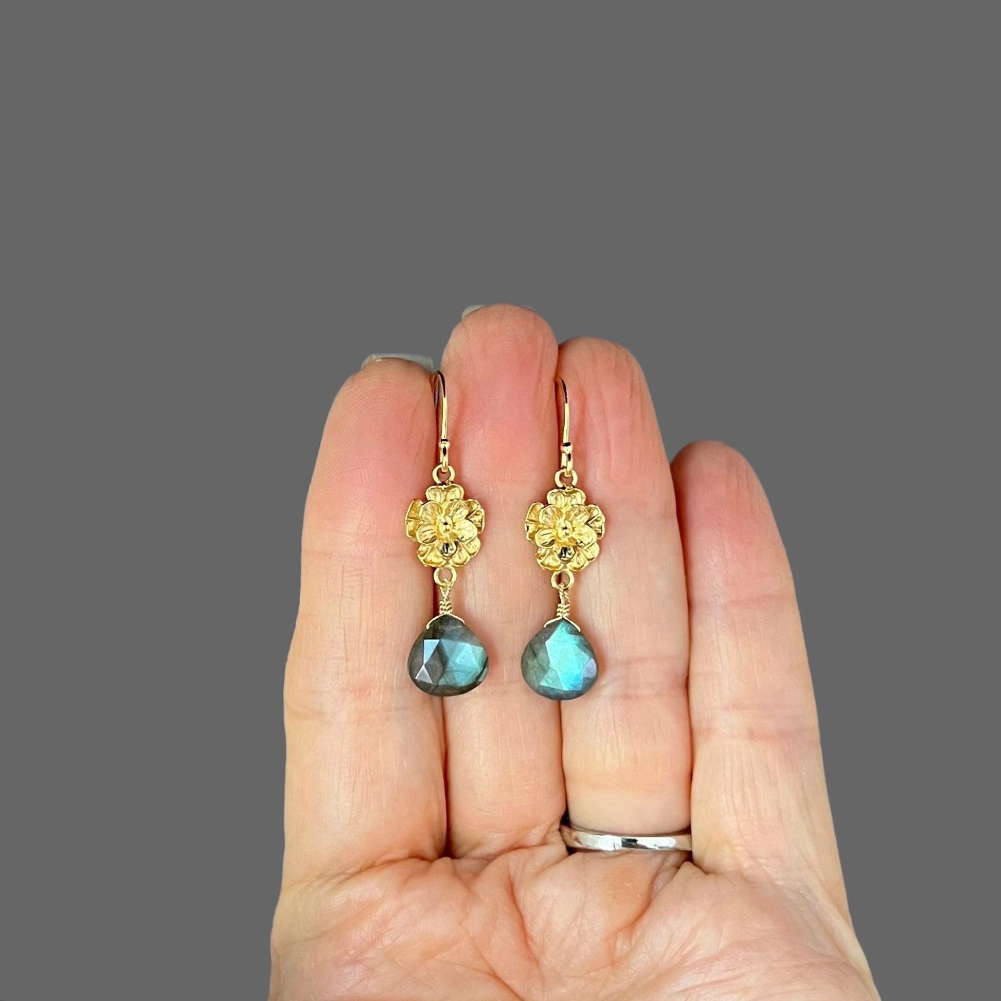 Green Flash Labradorite Teardrop Earrings on Gold Vermeil Flower Links