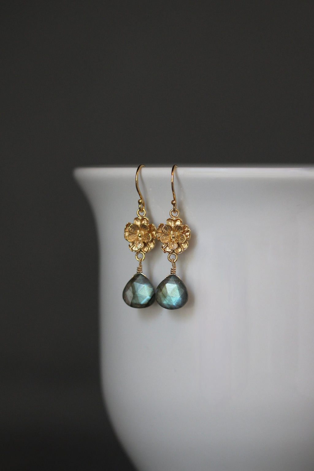 Green Flash Labradorite Teardrop Earrings on Gold Vermeil Flower Links