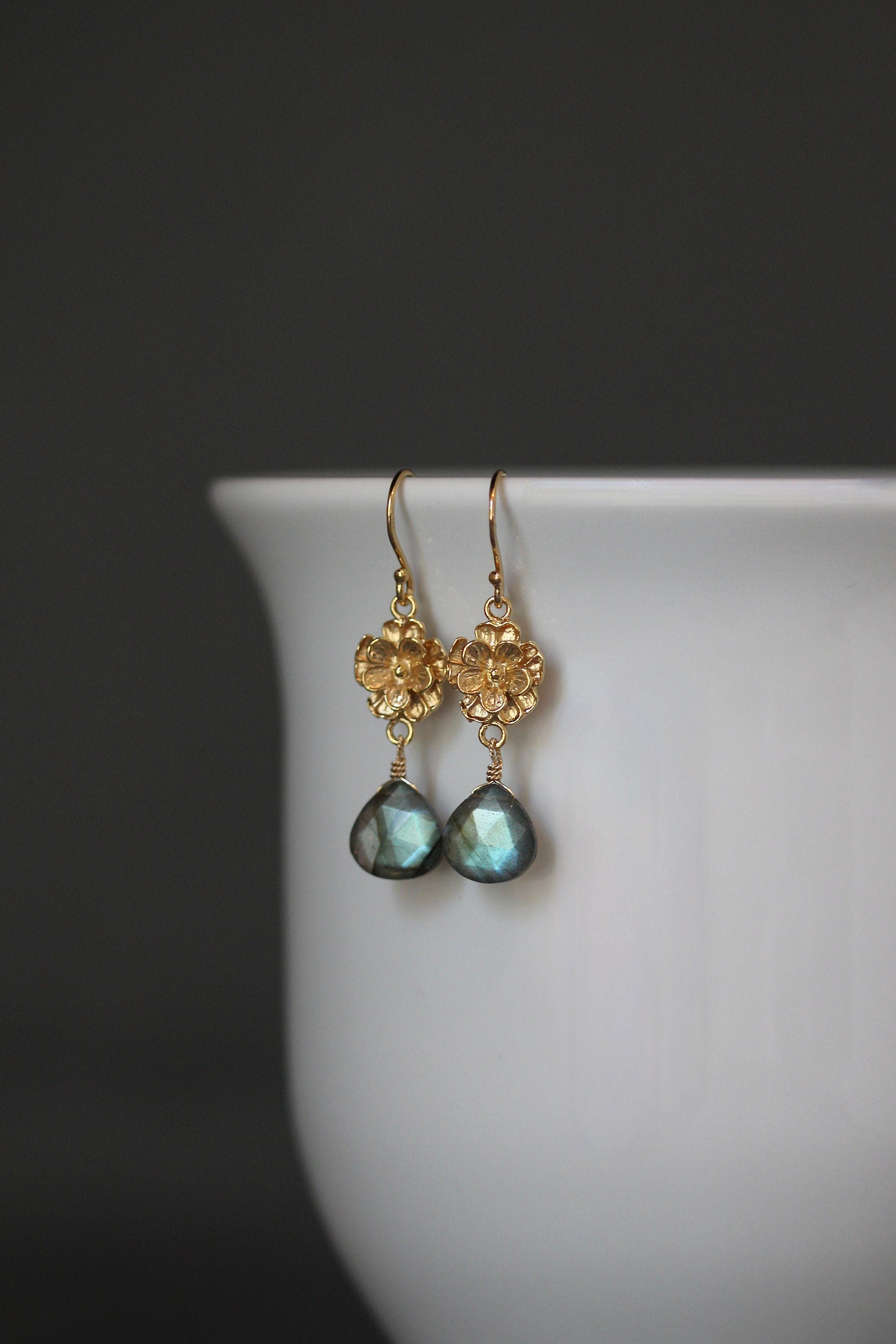 Green Flash Labradorite Teardrop Earrings on Gold Vermeil Flower Links