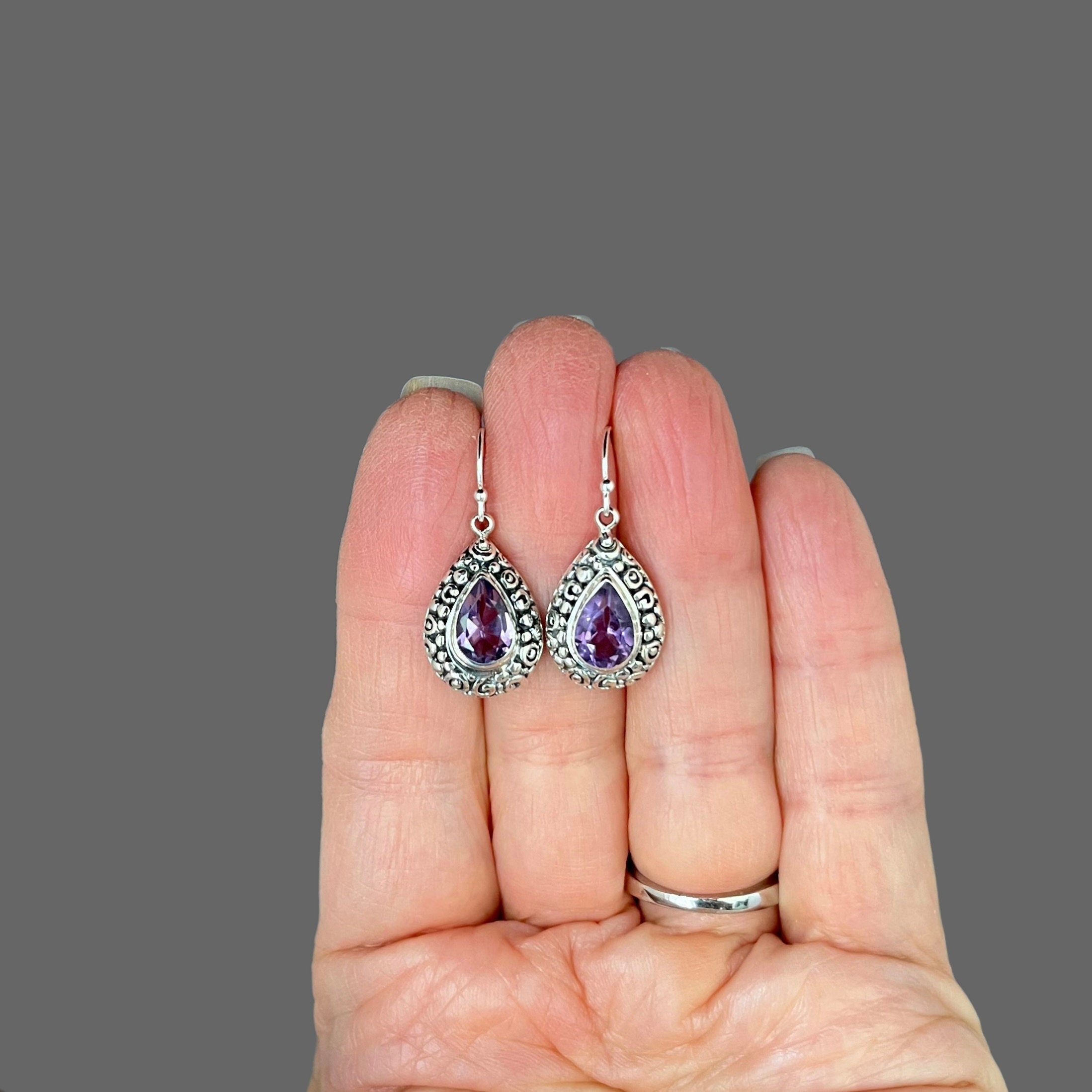 Amethyst Teardrop Earrings in Bali Sterling Silver Filigree Bezels
