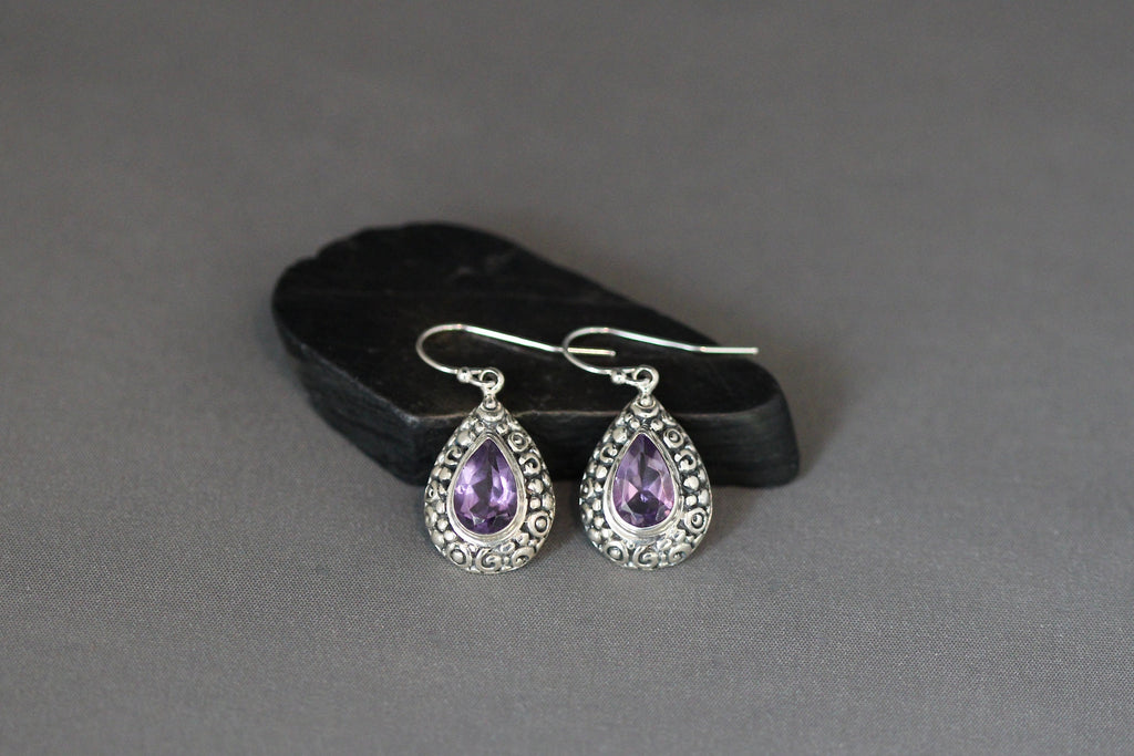 Amethyst Teardrop Earrings in Bali Sterling Silver Filigree Bezels