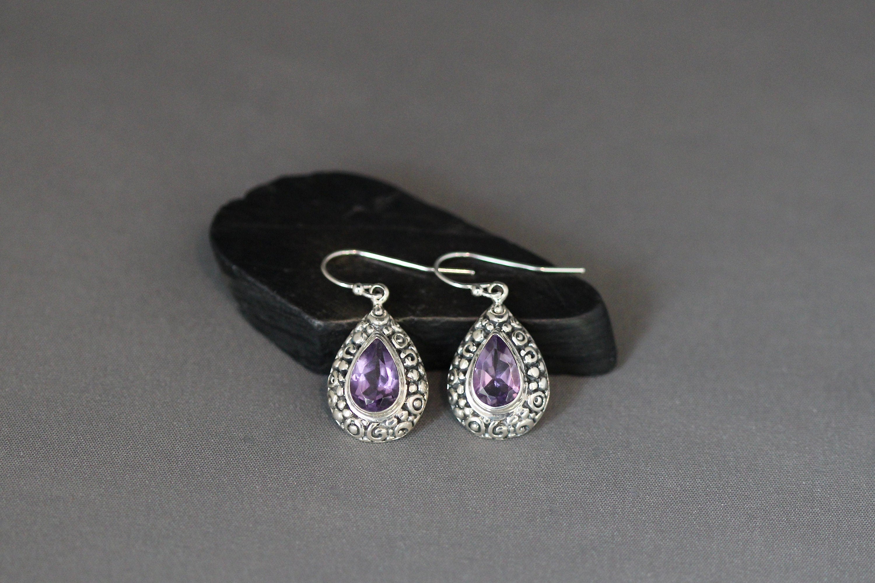Amethyst Teardrop Earrings in Bali Sterling Silver Filigree Bezels