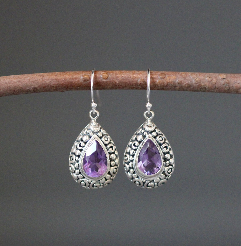 Amethyst Teardrop Earrings in Bali Sterling Silver Filigree Bezels