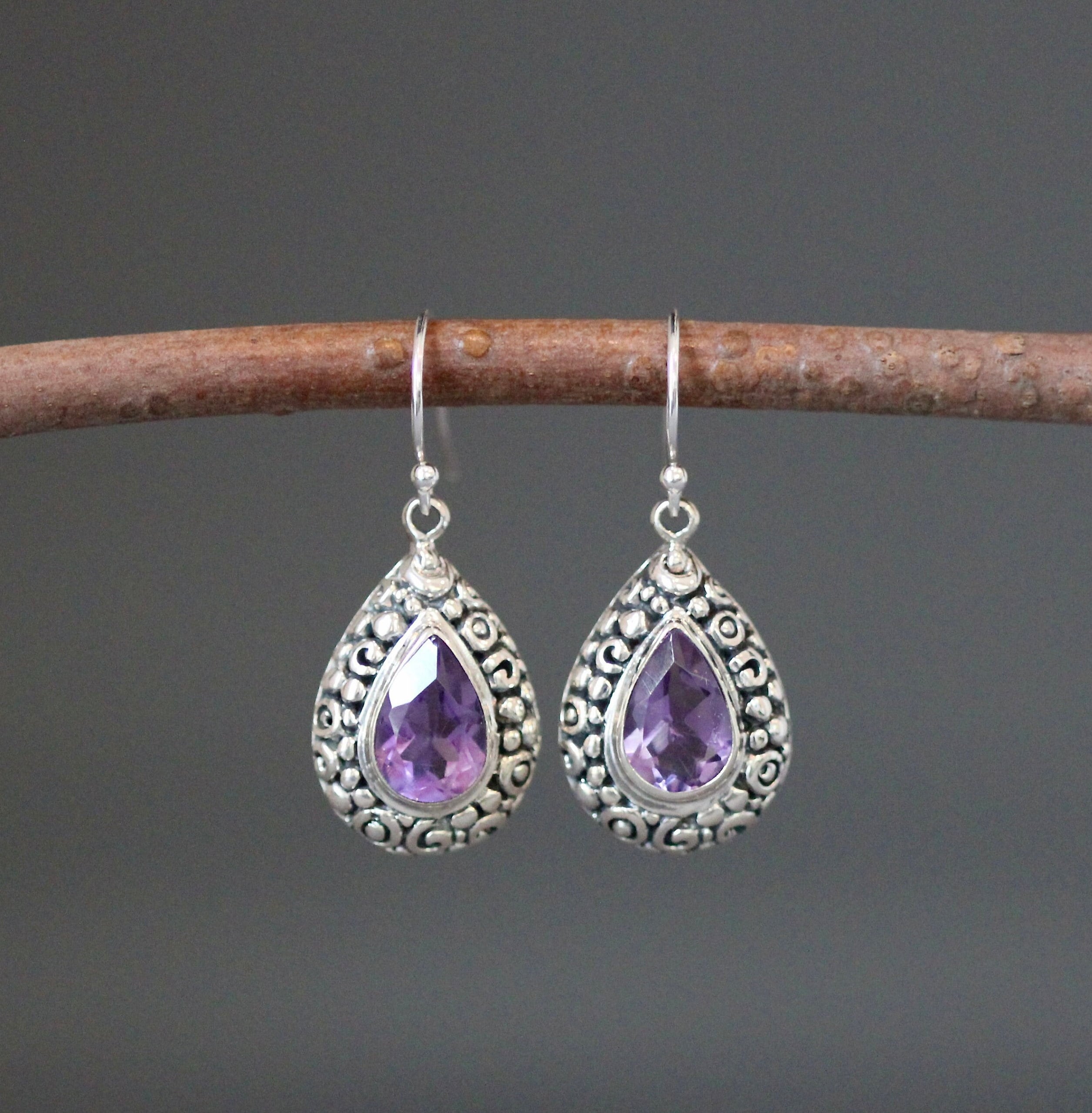 Amethyst Teardrop Earrings in Bali Sterling Silver Filigree Bezels