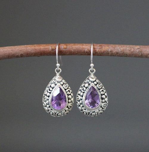Amethyst Teardrop Earrings in Bali Sterling Silver Filigree Bezels