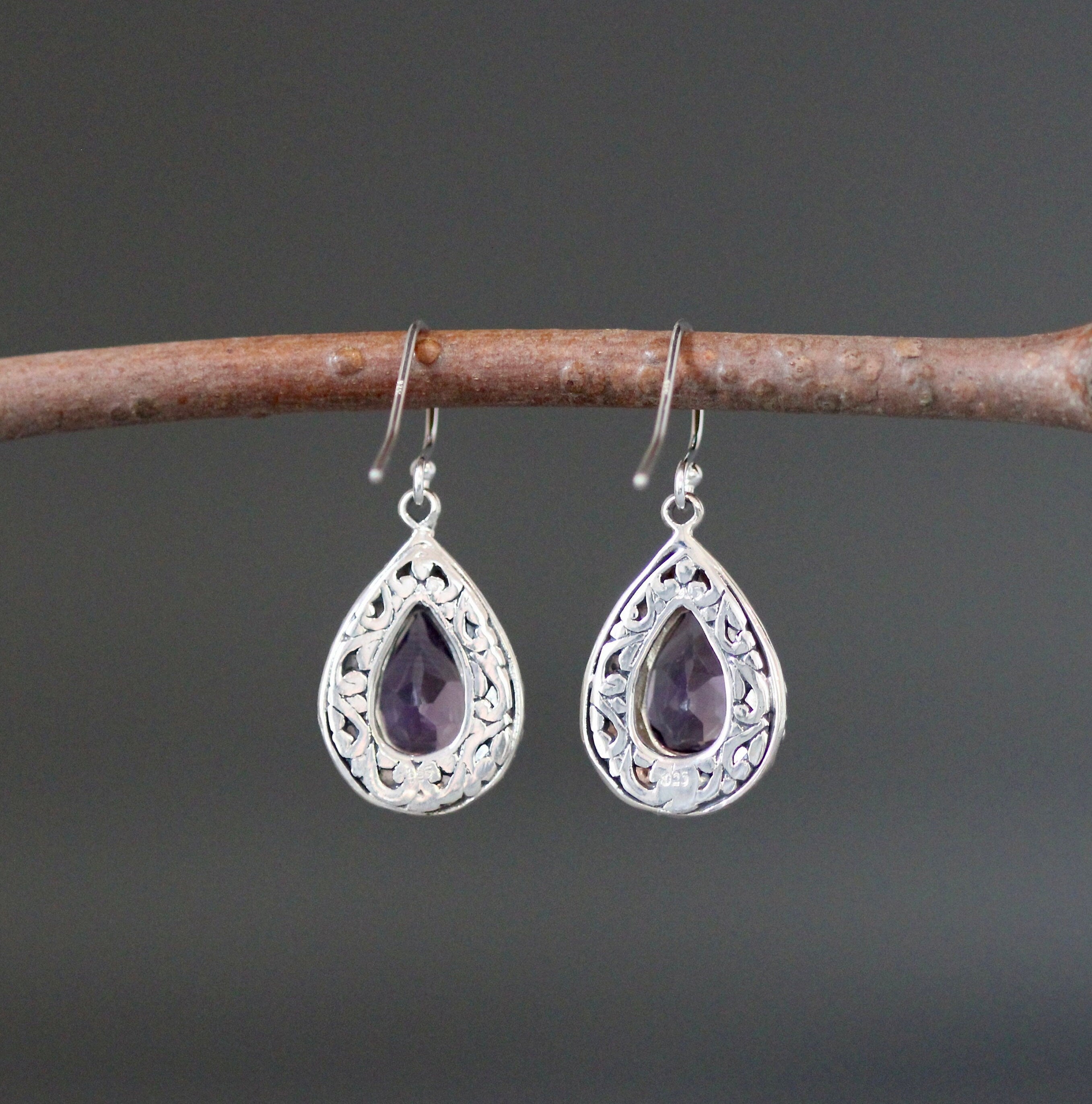 Amethyst Teardrop Earrings in Bali Sterling Silver Filigree Bezels