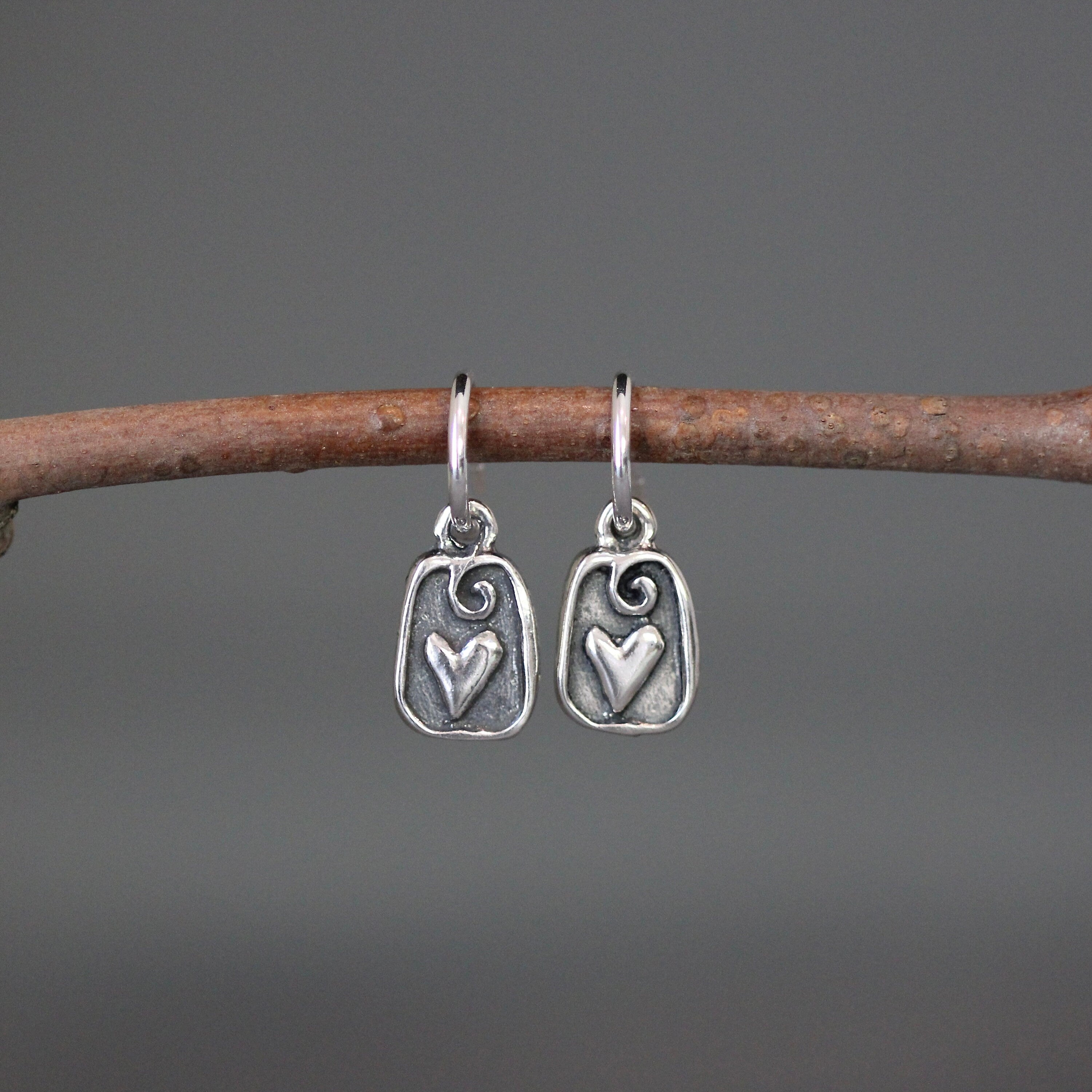 Sterling Silver Bali Heart Charm Hoop Earrings