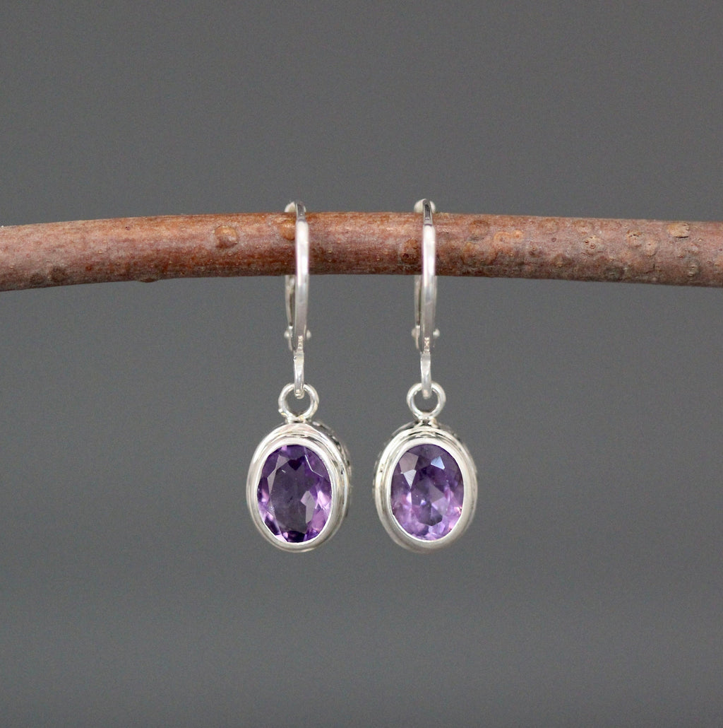 Amethyst Dangle Earrings with Sterling Silver Filigree Huggie Hoops