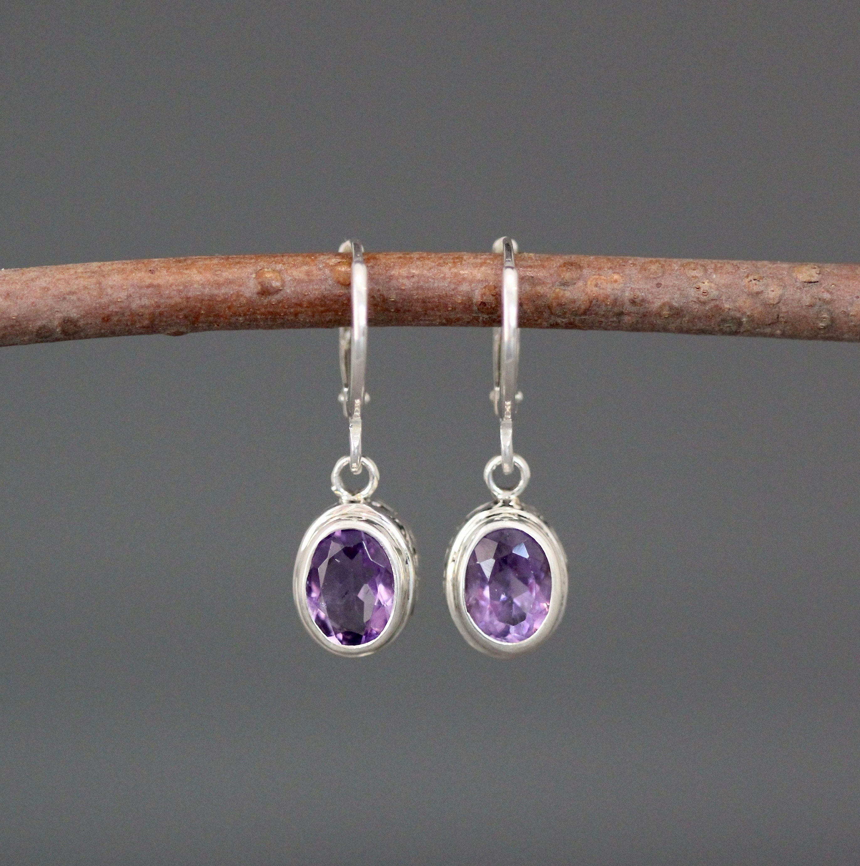 Amethyst Dangle Earrings with Sterling Silver Filigree Huggie Hoops