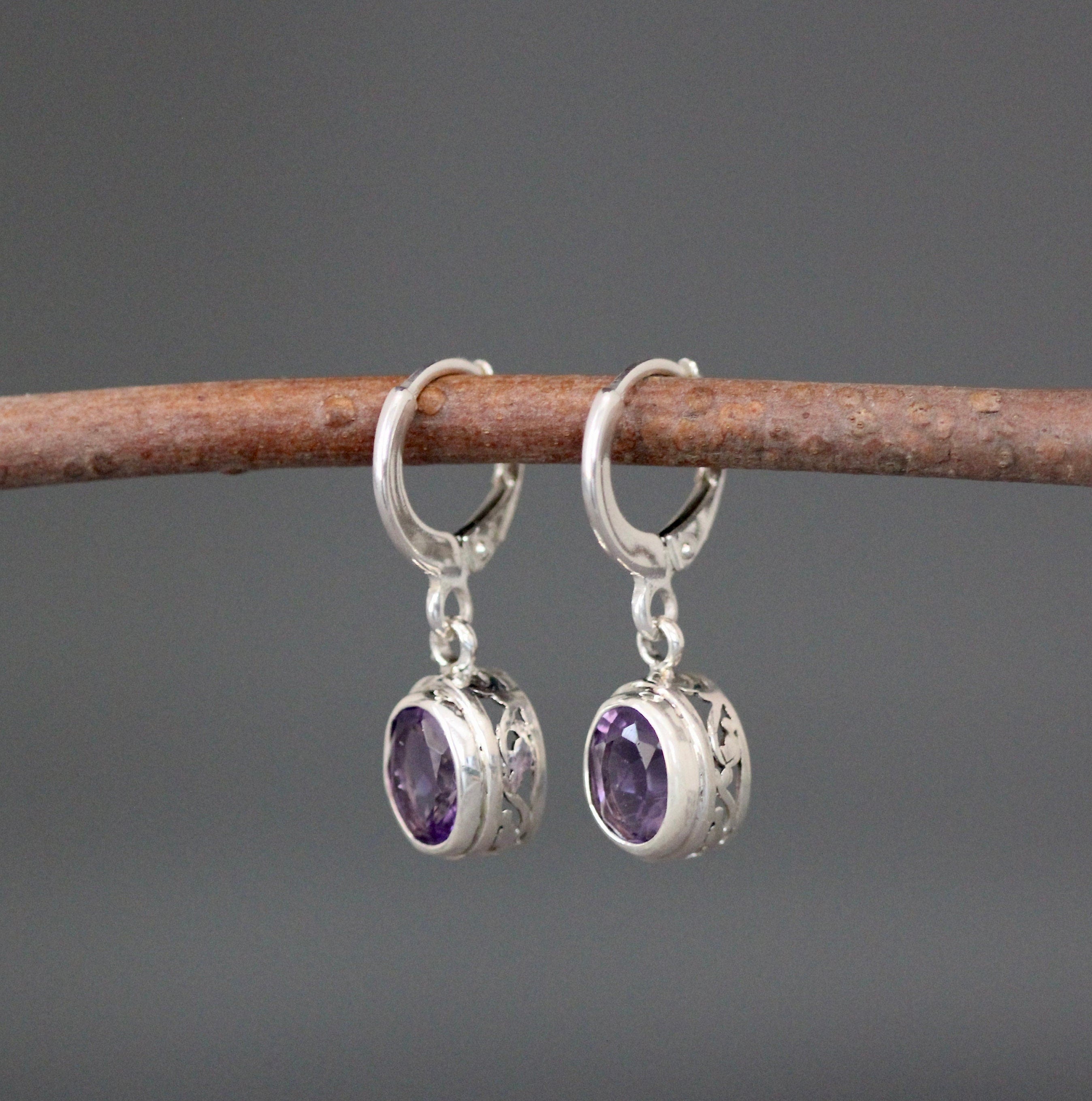 Amethyst Dangle Earrings with Sterling Silver Filigree Huggie Hoops
