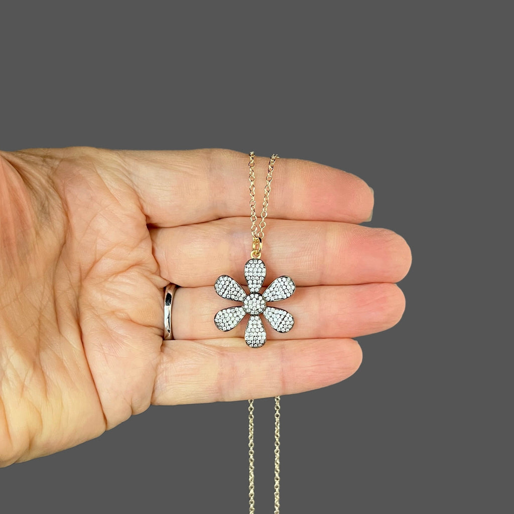 White Topaz Pave Flower Pendant Necklace in Gold Vermeil