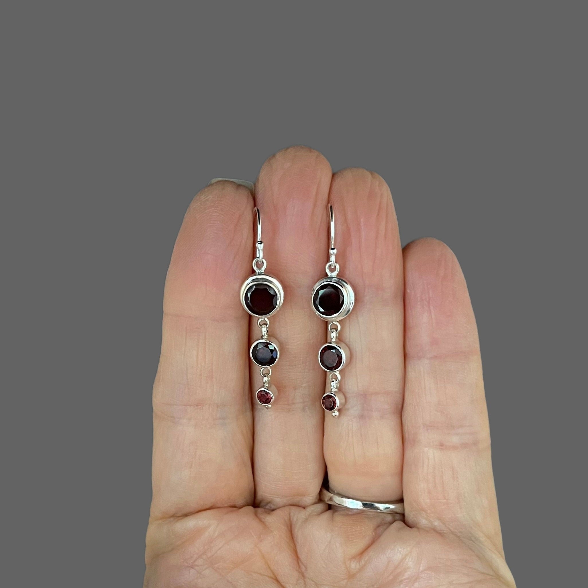 Garnet Three-Stone Graduated Bezel Earrings in Sterling Silver