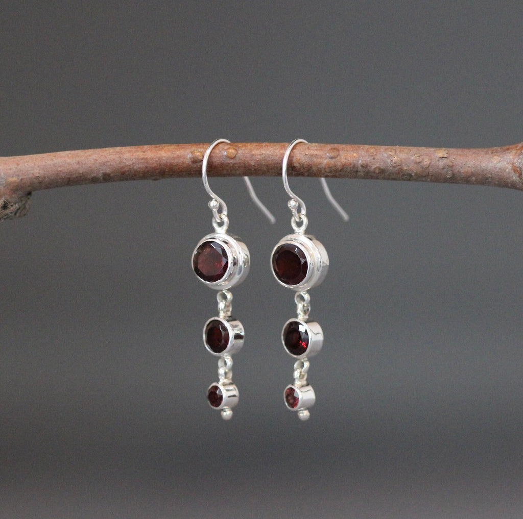 Garnet Three-Stone Graduated Bezel Earrings in Sterling Silver