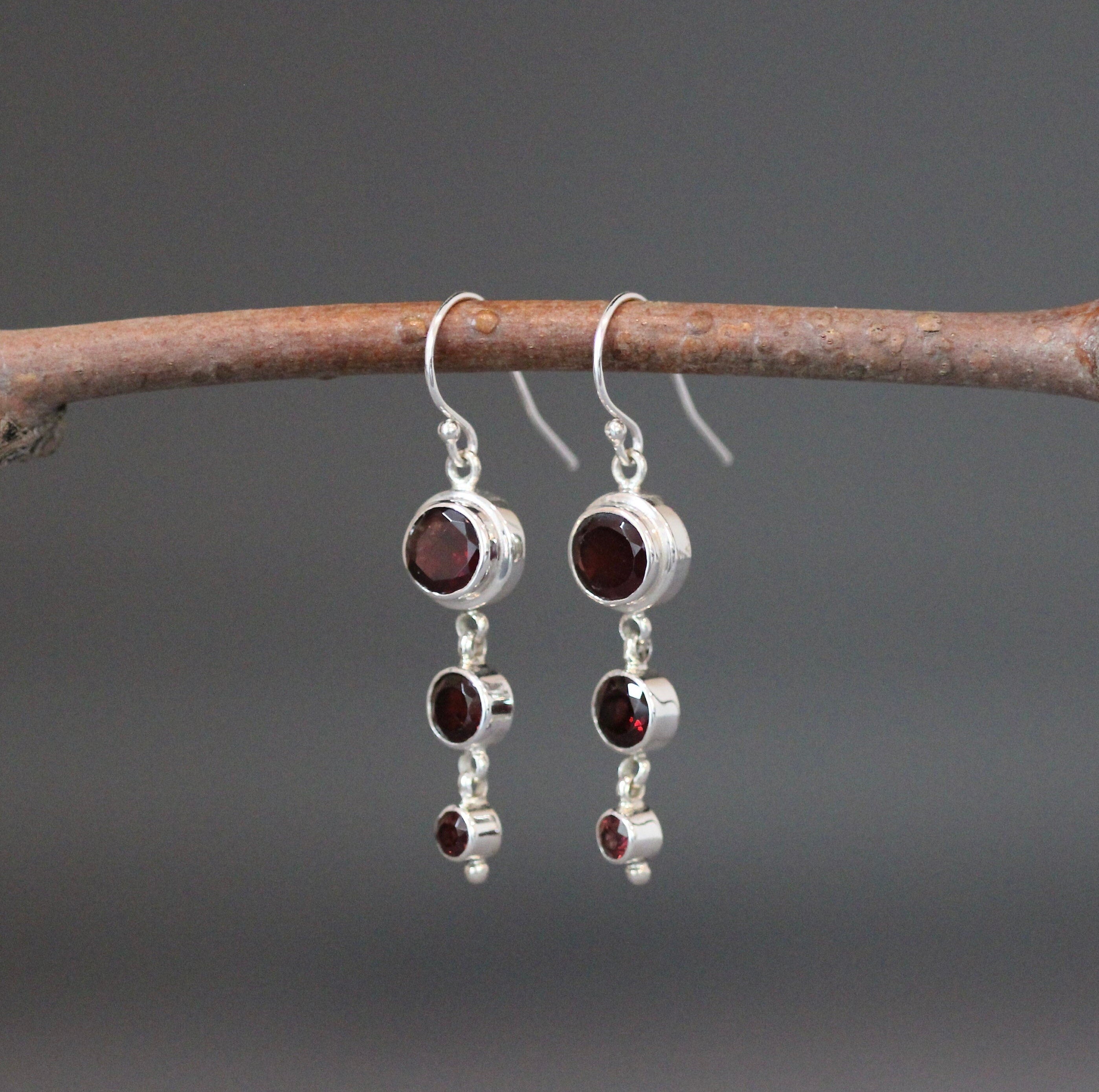 Garnet Three-Stone Graduated Bezel Earrings in Sterling Silver
